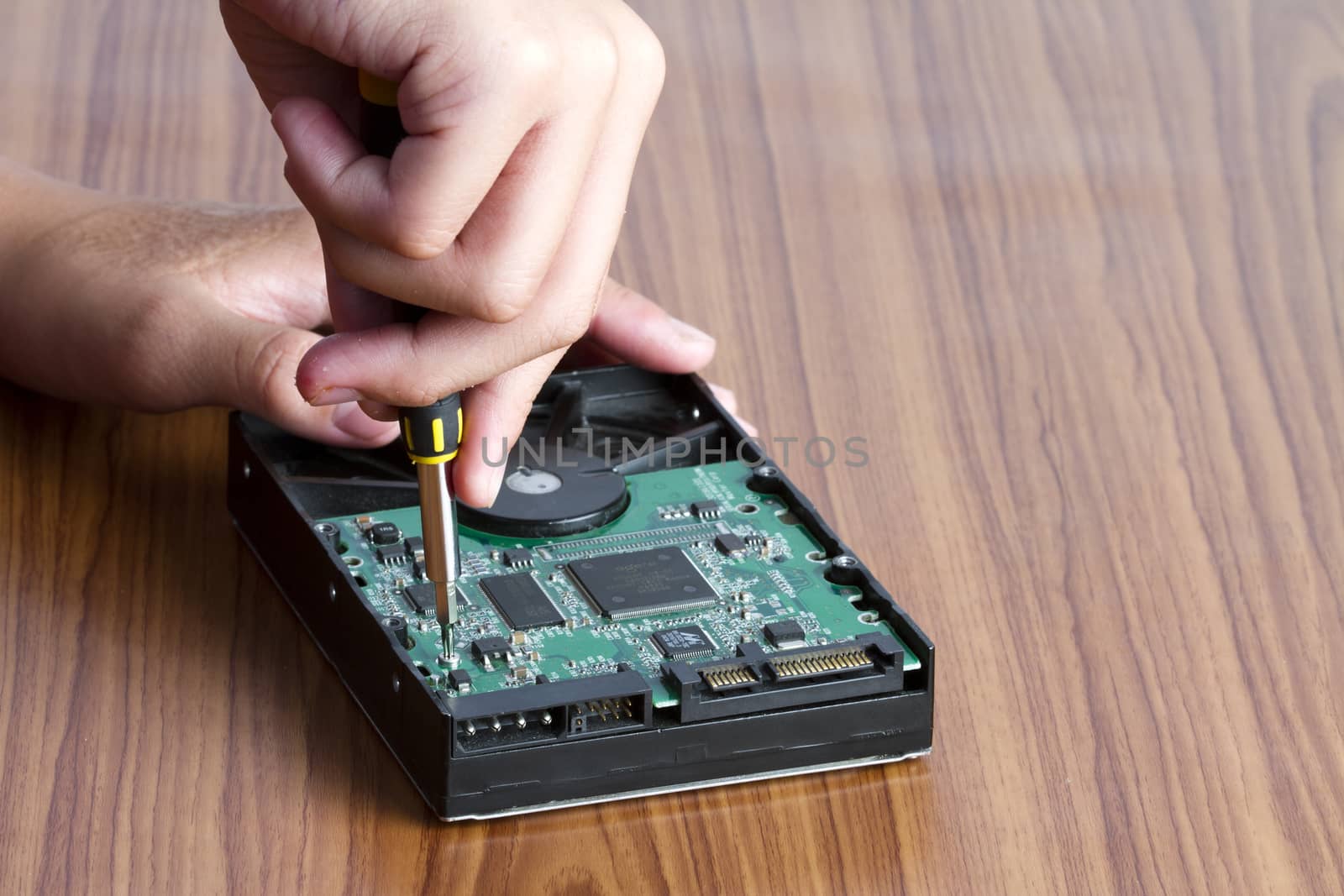 Inside view of hard disk computer ,Repair circuit boards