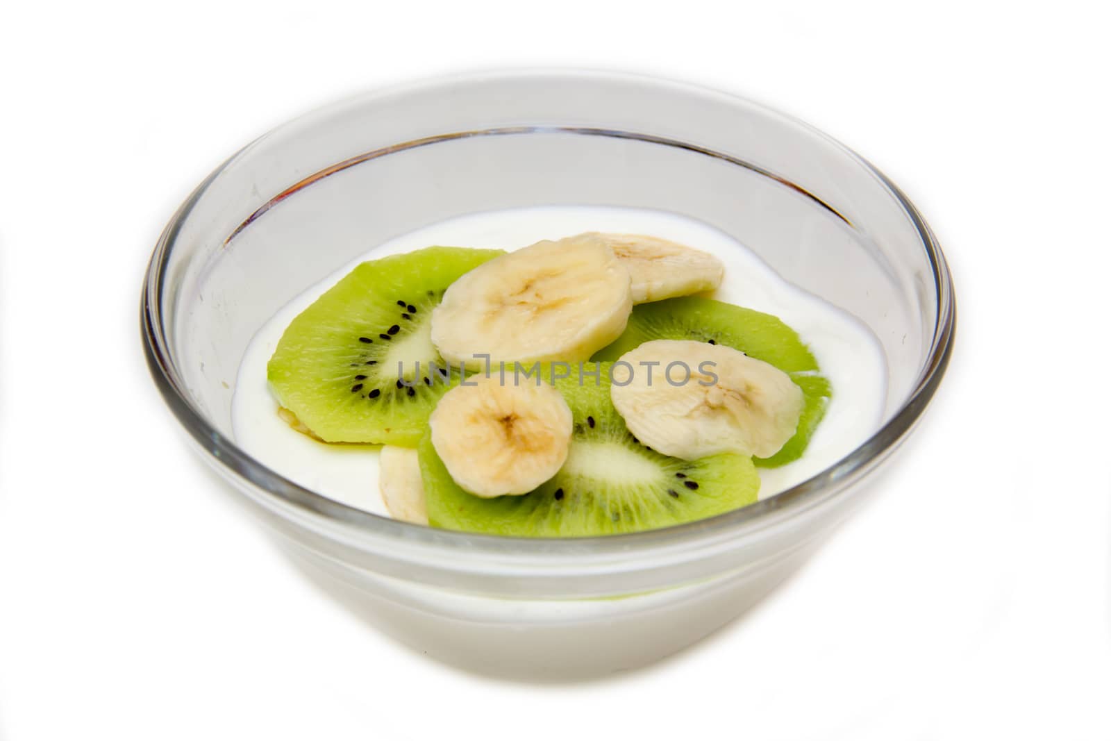 Yogurt with kiwi and banana on white background