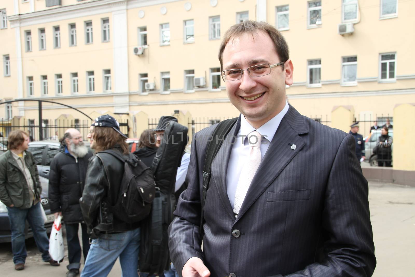 Moscow, Russia - April 19, 2012. The lawyer of the arrested participants of Pussy Riot Nikolay Polozov. . Near the building of the Tagansky court to an unauthorized action there were supporters of the verdict of not guilty for arrested