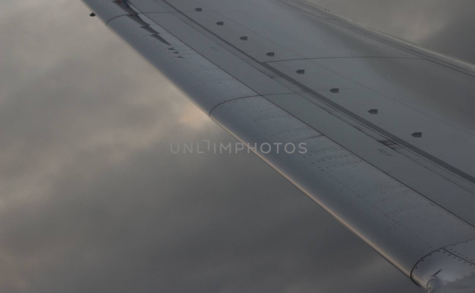 Airplane flying in sky in flight metal wing.