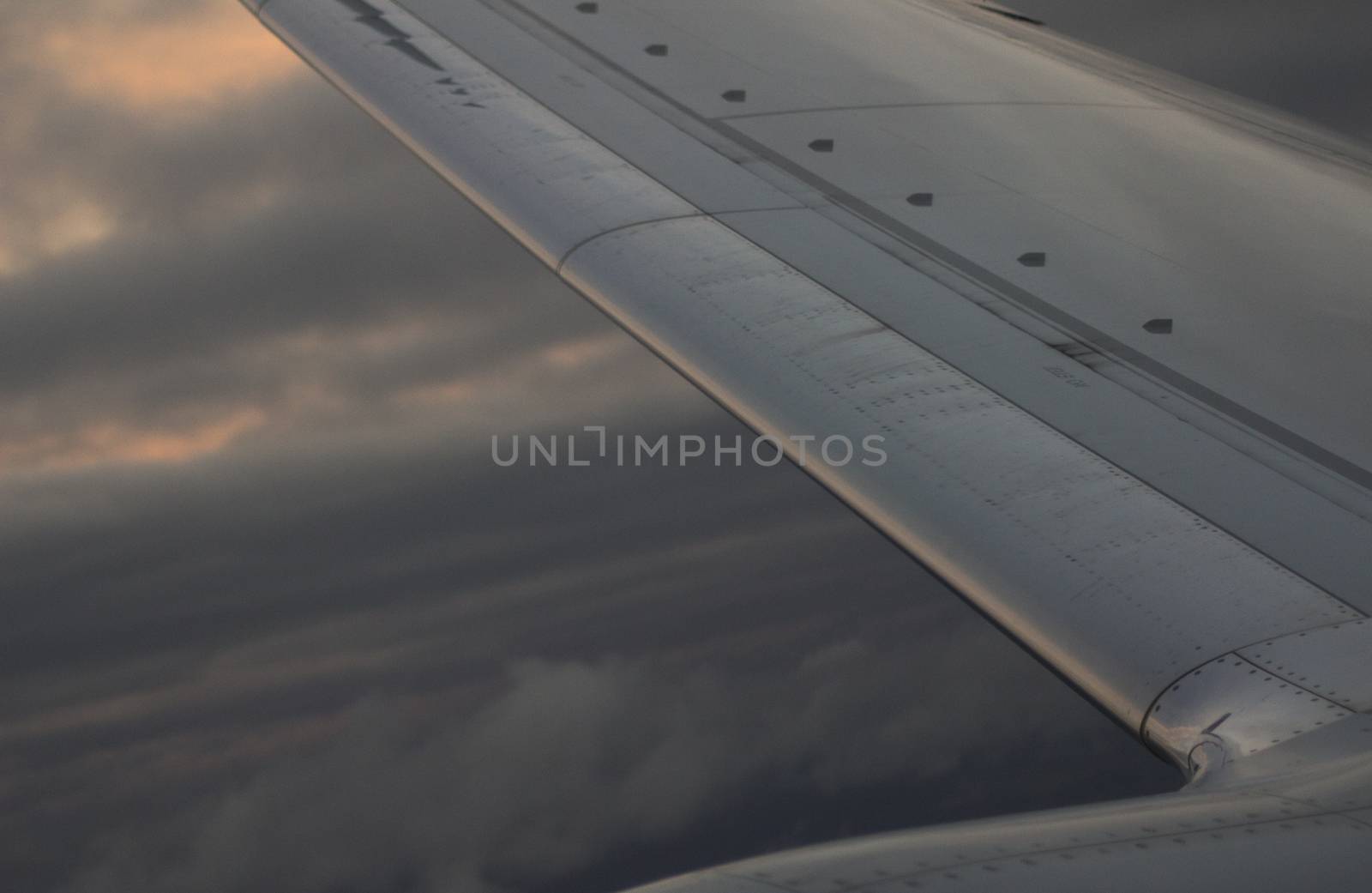 Airplane flying in sky in flight metal wing.
