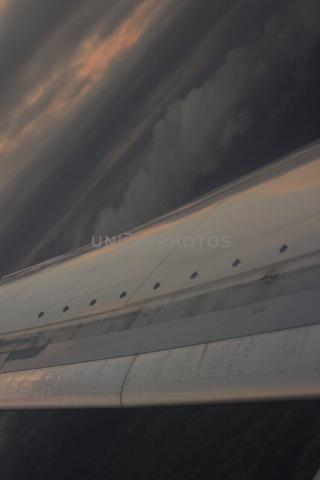 Airplane flying in sky in flight metal wing.