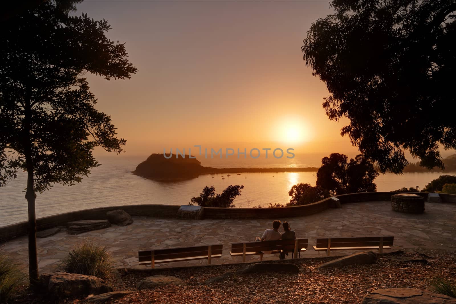 Friends or lovers share a moment, enjoy the sunrise and scenic views over Pittwater, Palm Beach on New Year's Day from Ku-ring-gai Chase National Park.