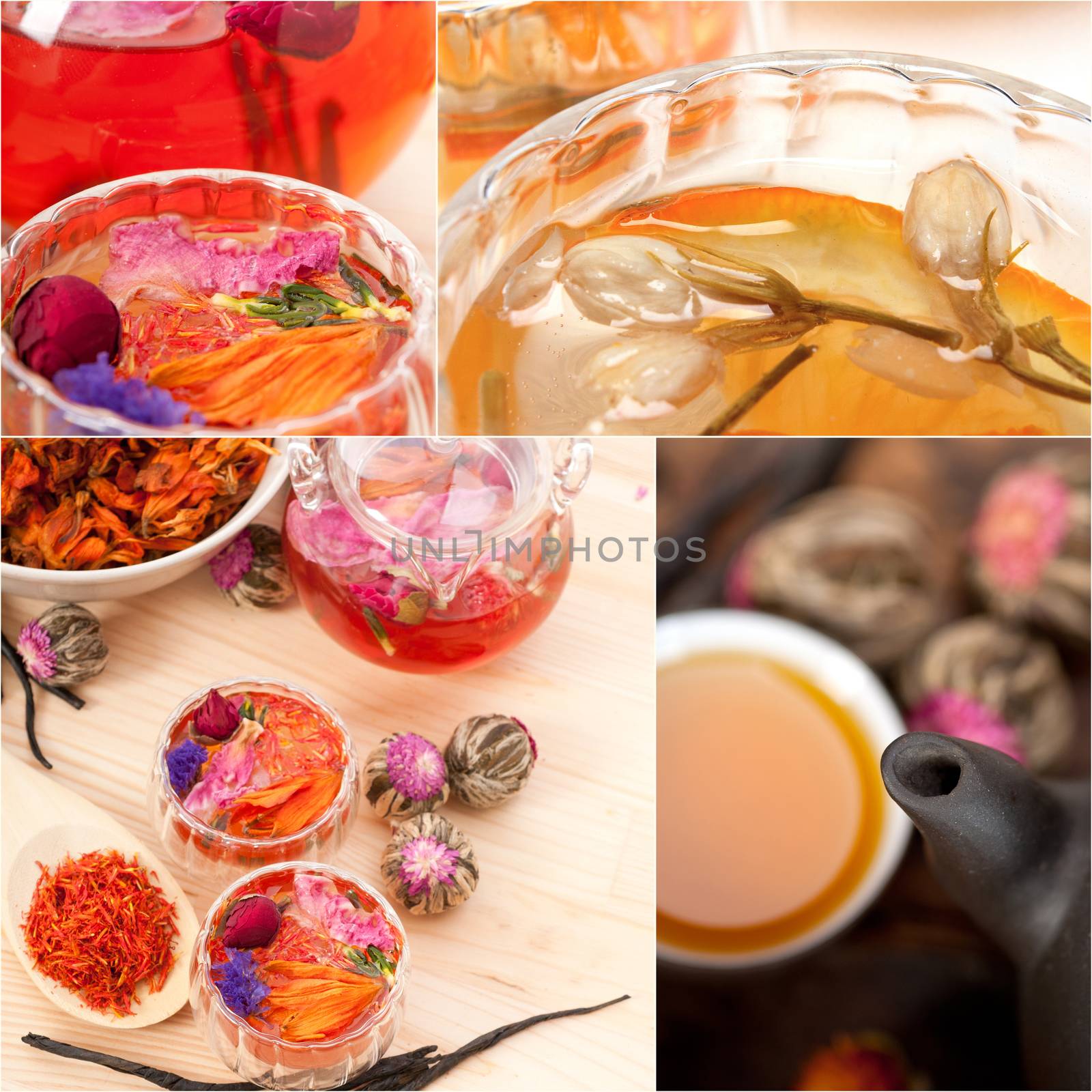 collection of different herbal tea infusion collage white frame 