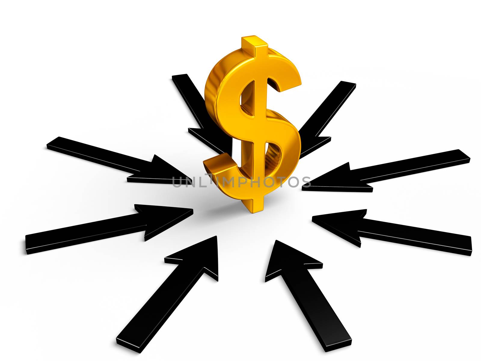 A bright, gold dollar sign stands in center of a circle of black arrows pointing towards it.  Isolated on white.
