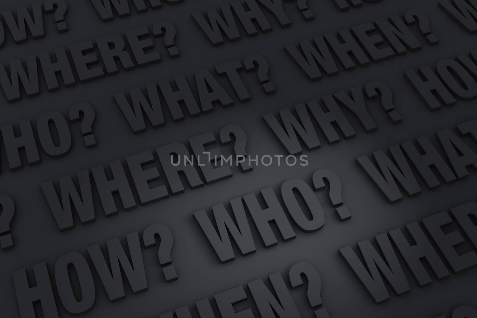 A dark background filled with the "WHO?", "WHAT?", "WHERE?", "WHEN?", "HOW?", and "WHY?".
