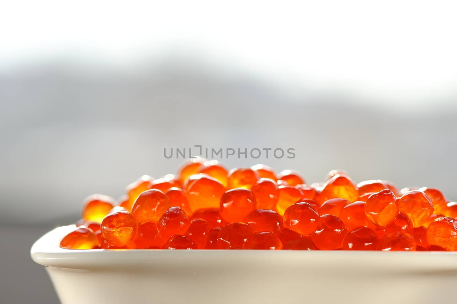 Red caviar in white bowl closep macro