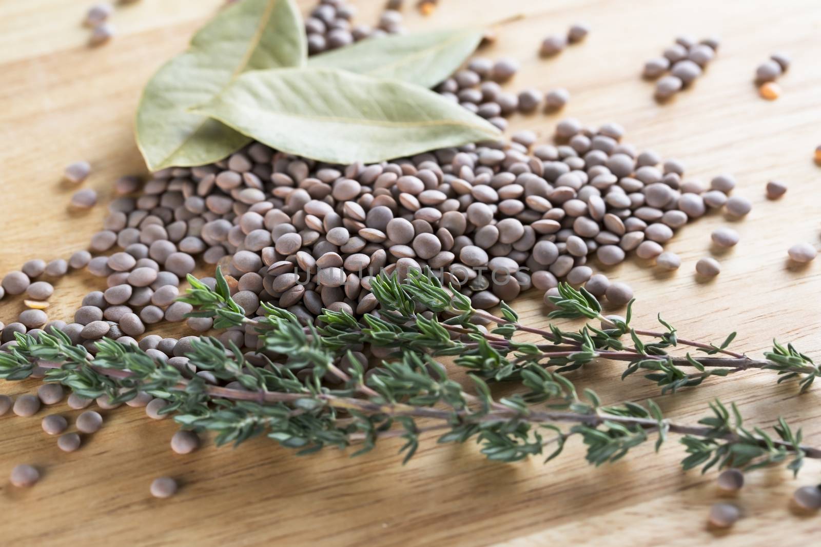 Bay Leaves, lentils, and thyme, ingredients for lentil dishes.