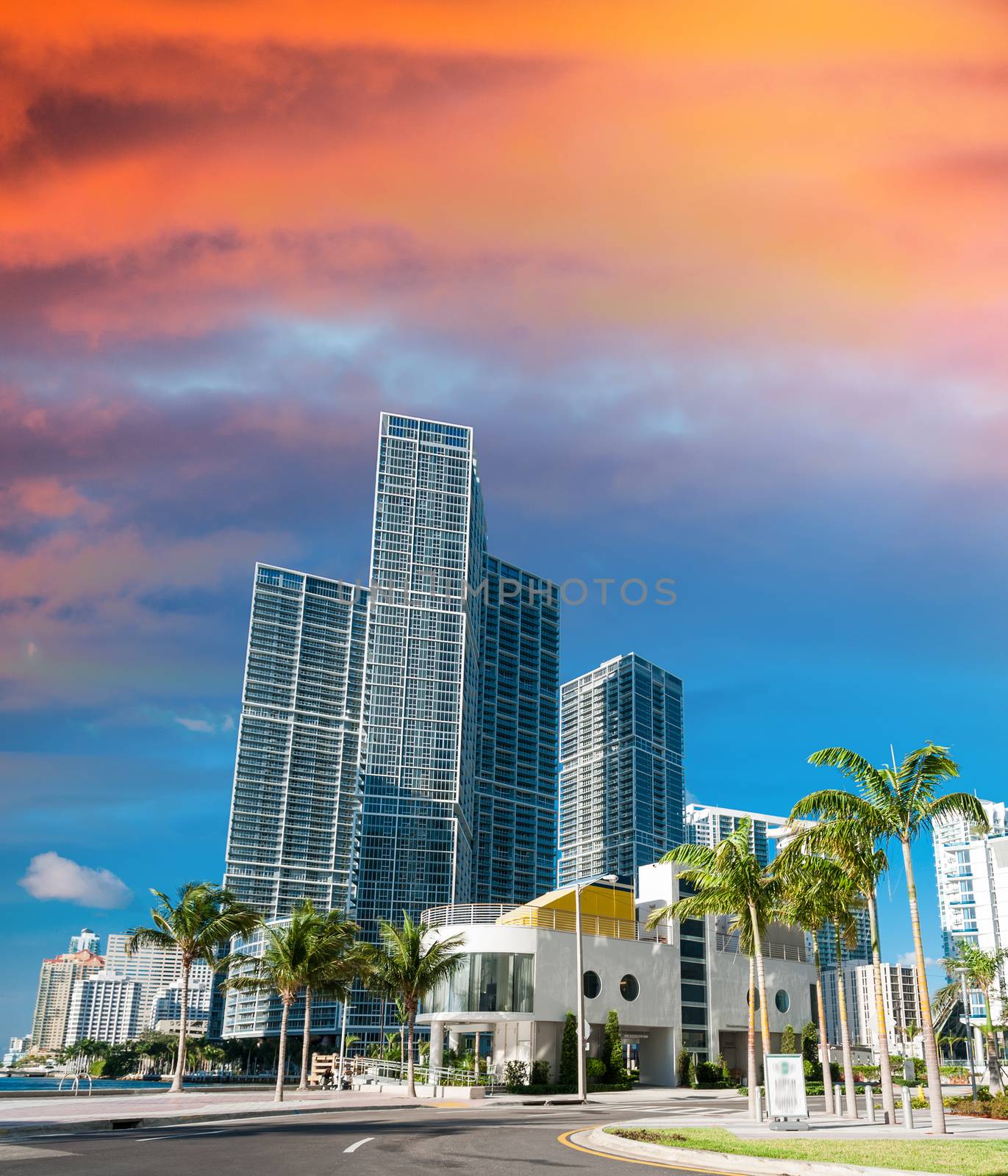 Sunset over Miami. City skyscrapers on a sunny day.