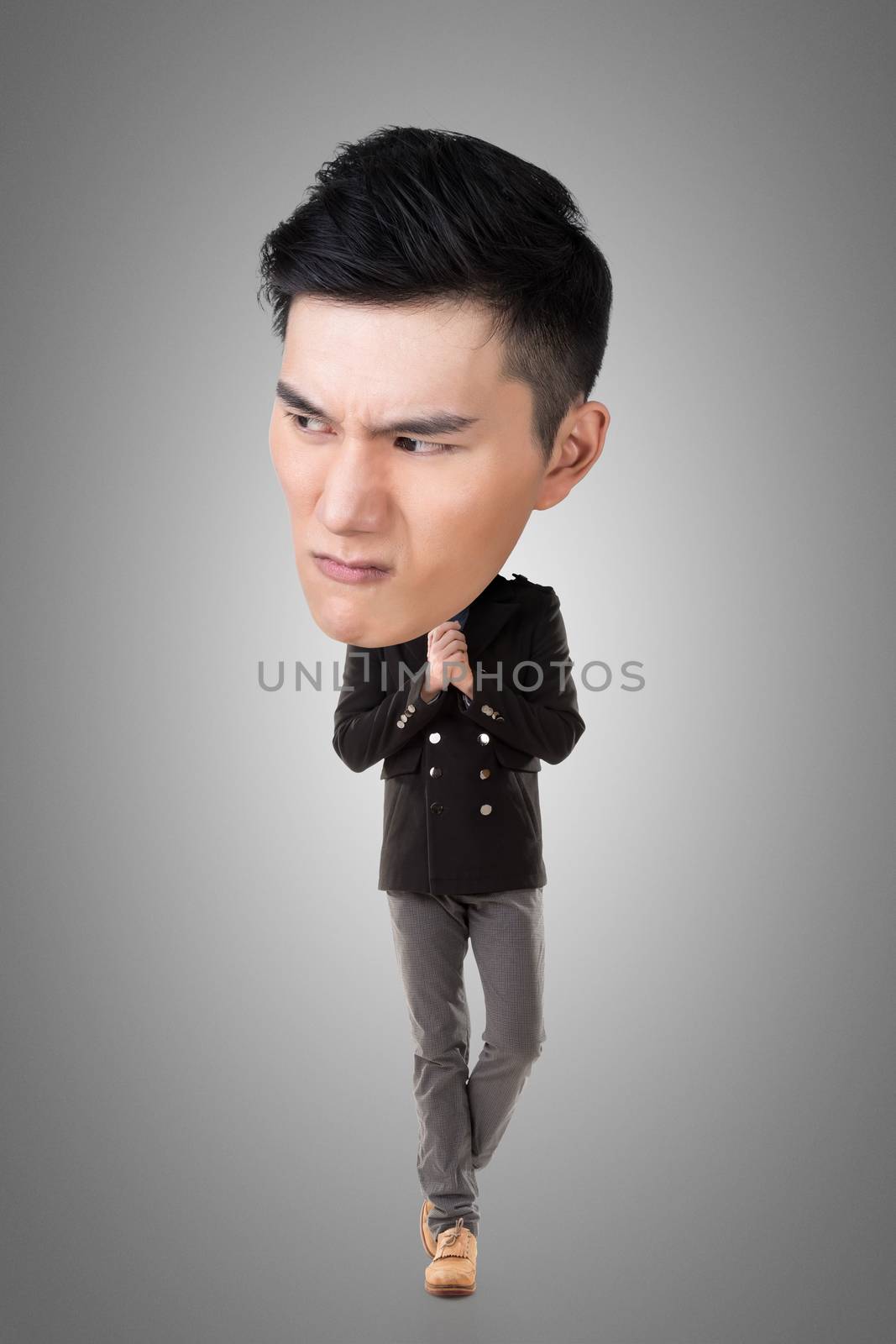 Funny Asian big head man, full length portrait.