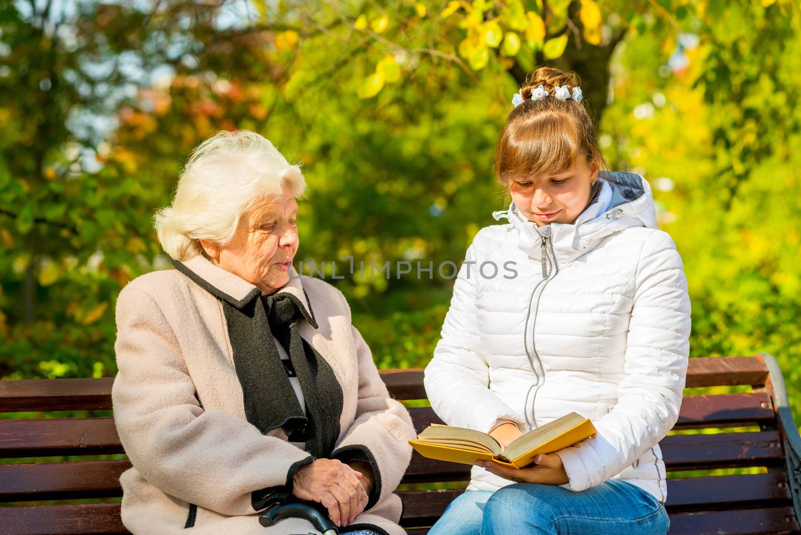 young granddaughter reads his elderly grandmother book by kosmsos111