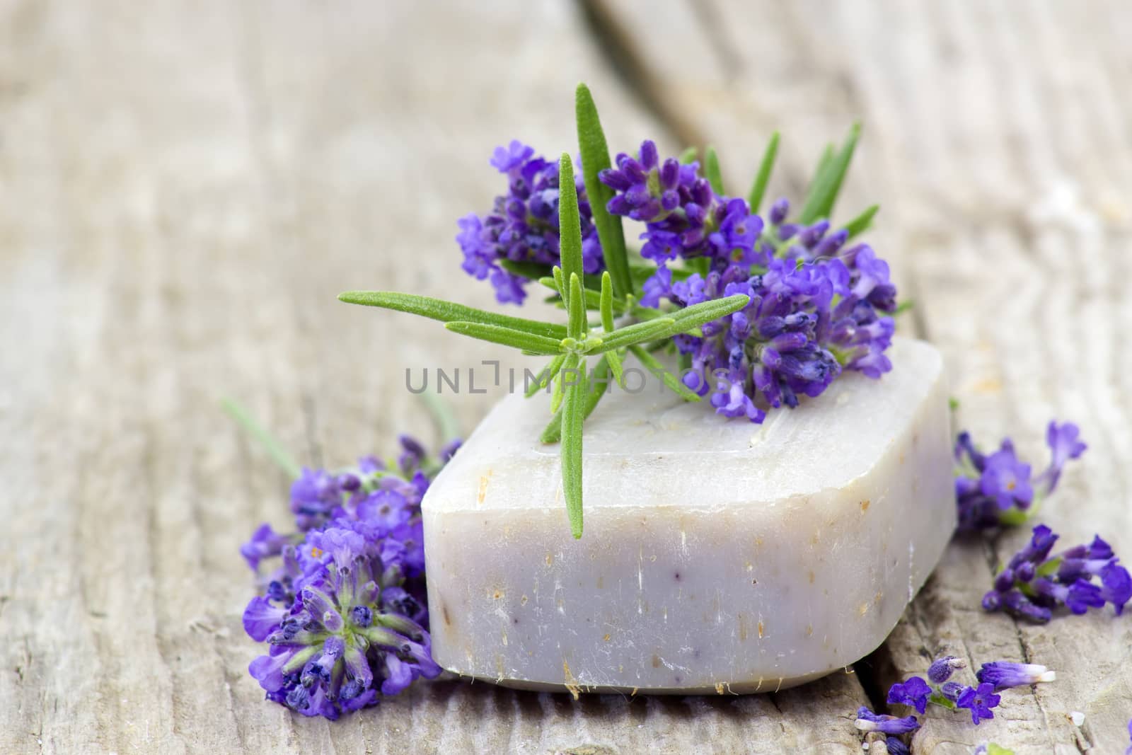 bar of natural soap, lavender flowers and rosemary by miradrozdowski