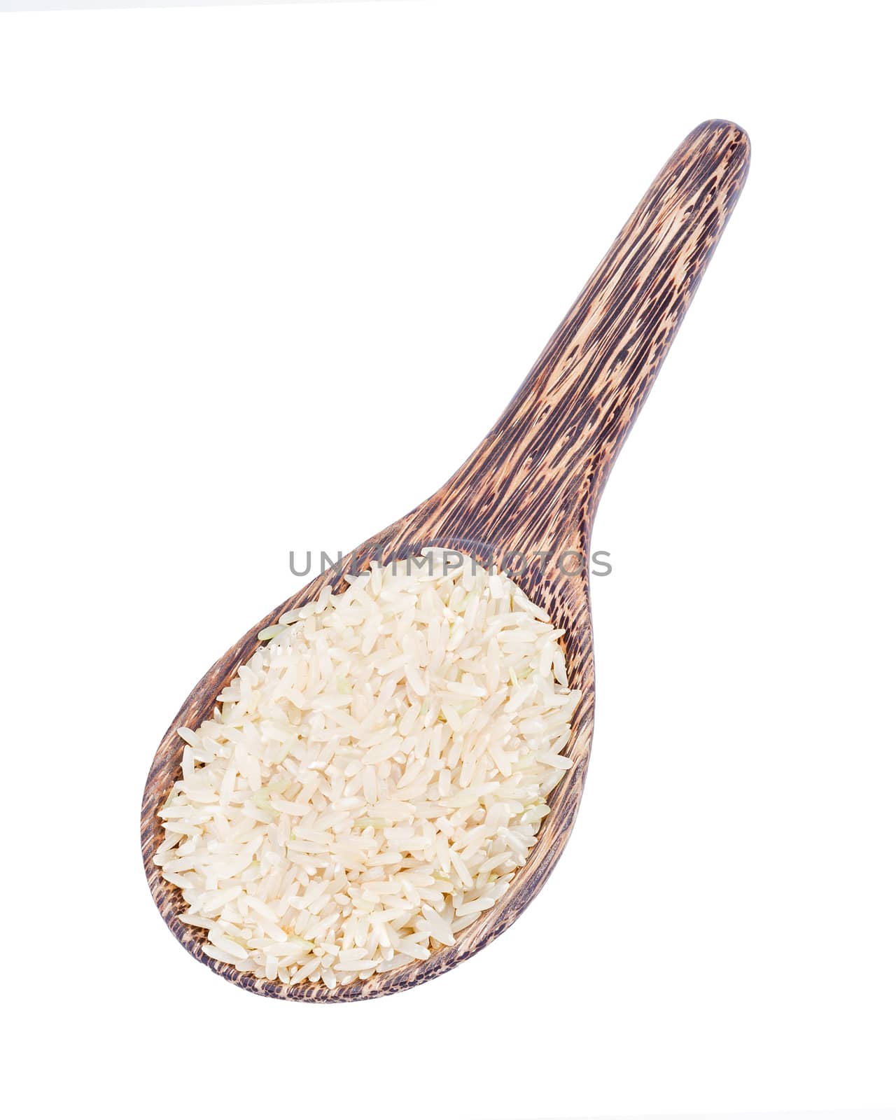 Plain Rice (polished jasmine rice) on wooden ladle isolated on white