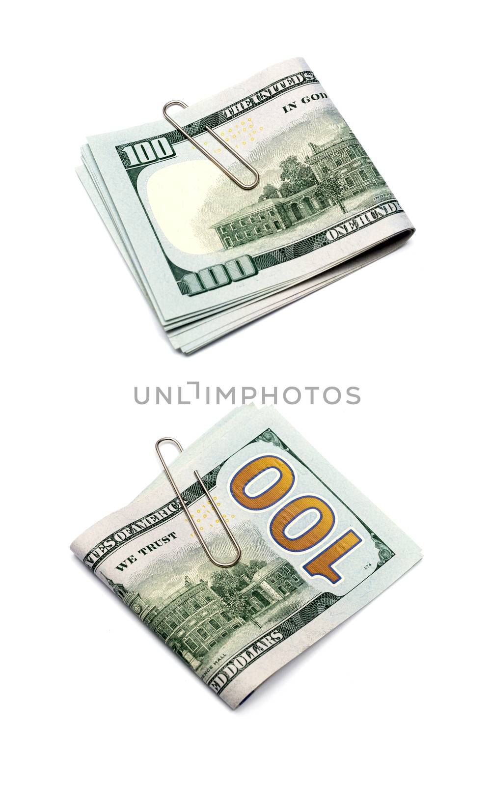 100 dollar bill with a clip on a white background by DNKSTUDIO