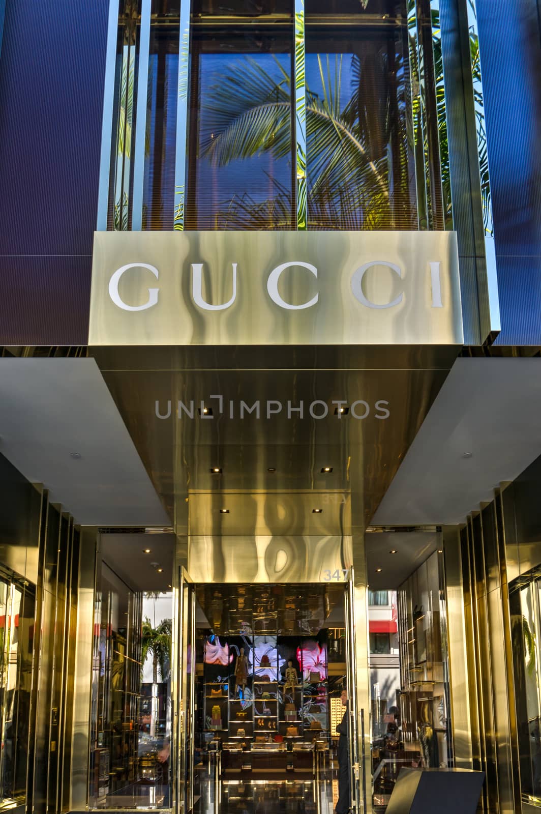 BEVERLY HILLS, CA/USA - JANUARY 3, 2015: Gucci retail store exterior. Gucci is an Italian fashion and leather goods brand with retail stores throughout the world.