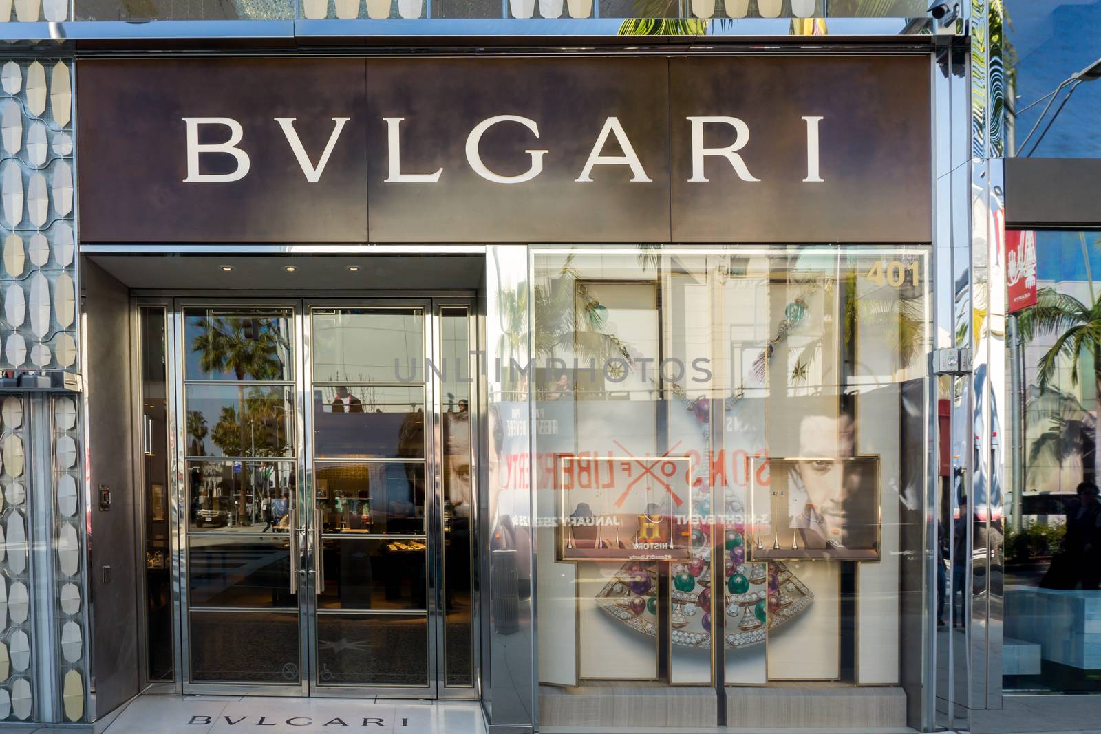 BEVERLY HILLS, CA/USA - JANUARY 3, 2015: Bulgari retail store exterior. Bulgari is an Italian jewelry and luxury goods brand that produces jewelry, watches, fragrances, accessories, and hotels.