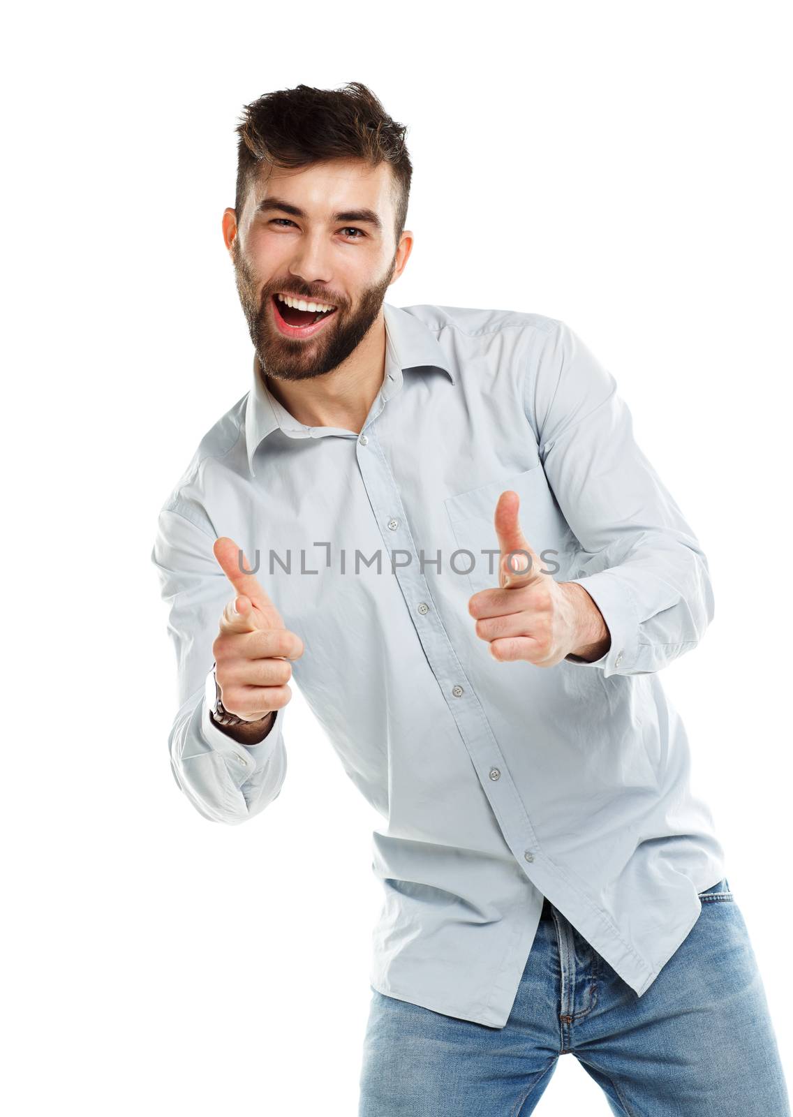 A young bearded man smiling with a fingers up isolated on white by vlad_star