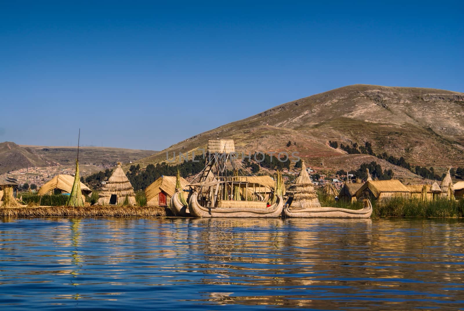 Traditional village on floating islands on lake Titicaca in Peru, South America