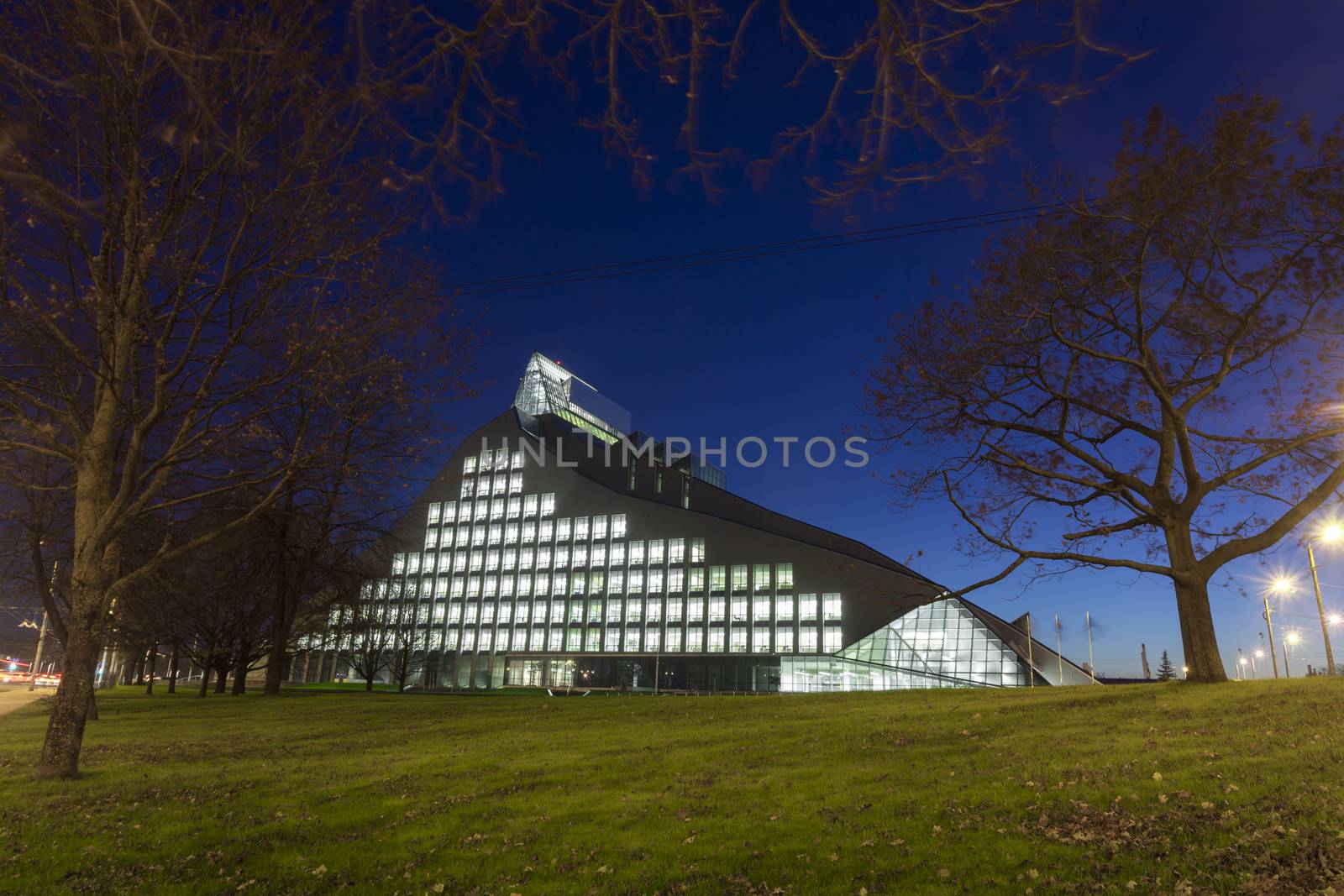 RIGA, LATVIA - OCTOBER 29, 2014: New Building of National Library of Latvia, known also as the Castle of Light will be the main venue in Riga for the Latvian Presidency of the Council of the European Union.