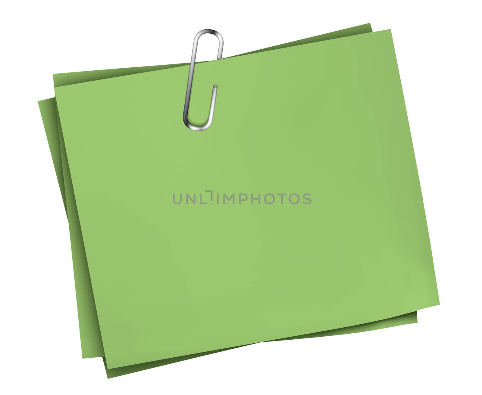 Green business blank note paper for office, advertising and message with silver paper clip isolated on white background.