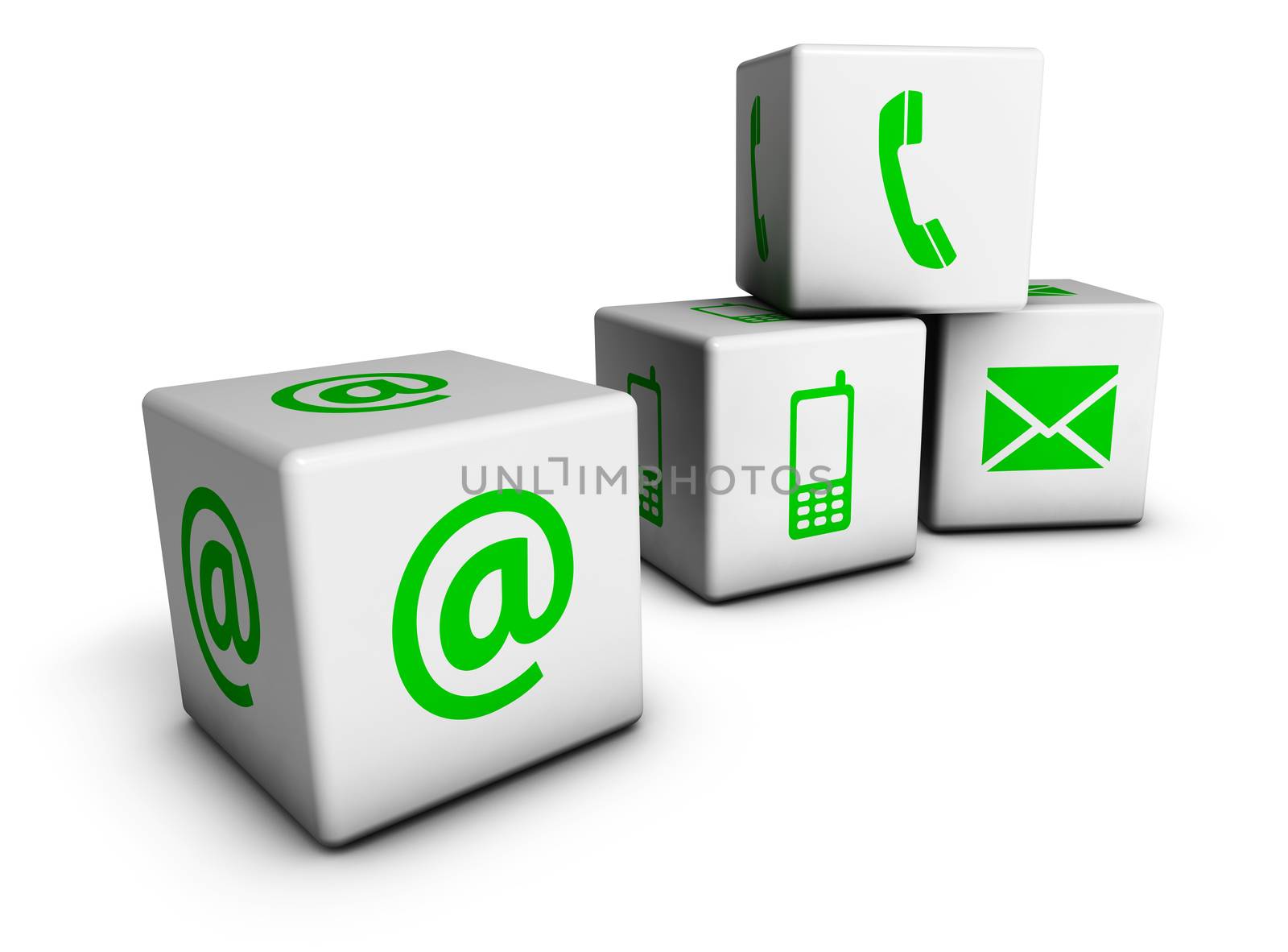 Website and Internet contact us concept with green icons and symbol on four cubes isolated on white background.