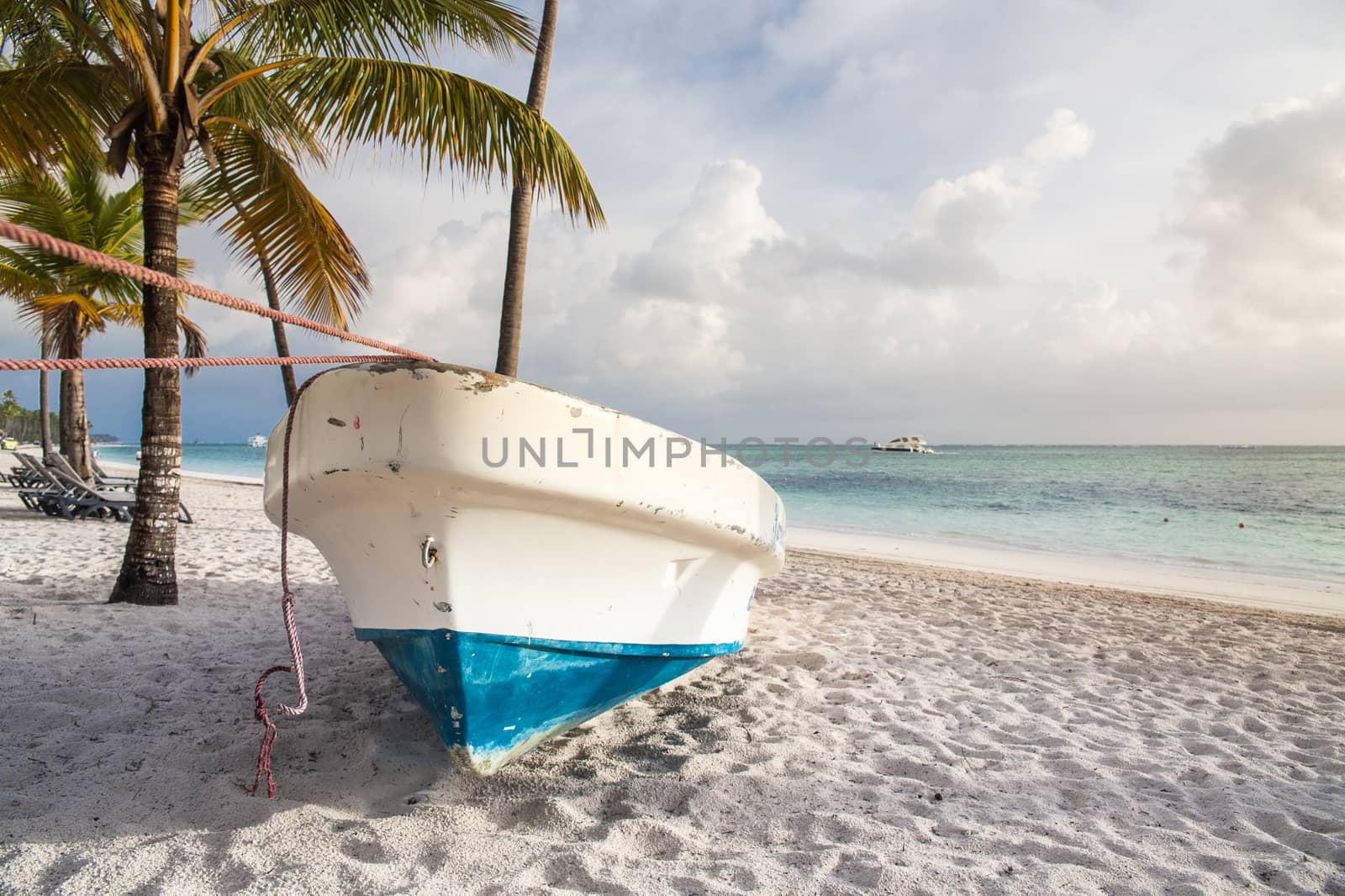 Caribbean sunrise on sandy beach with palm trees and boat