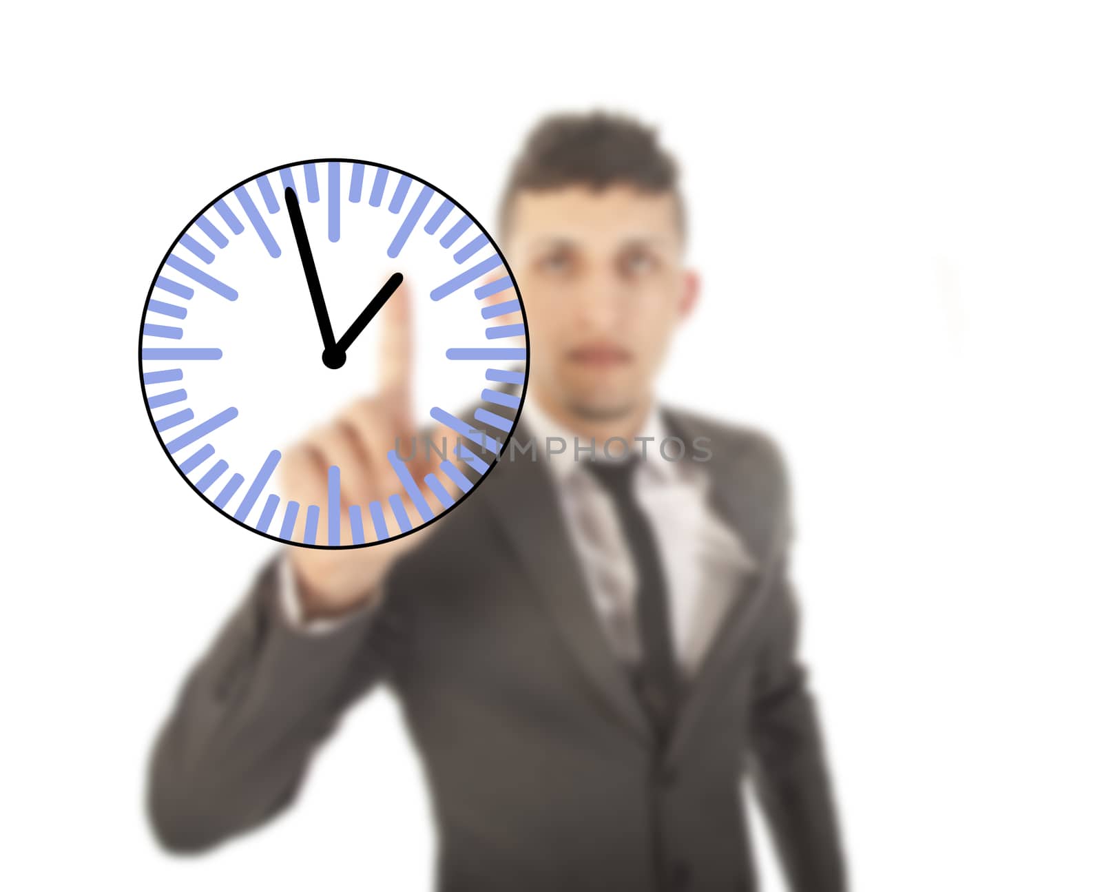 Young businessman with clock isolated on white background