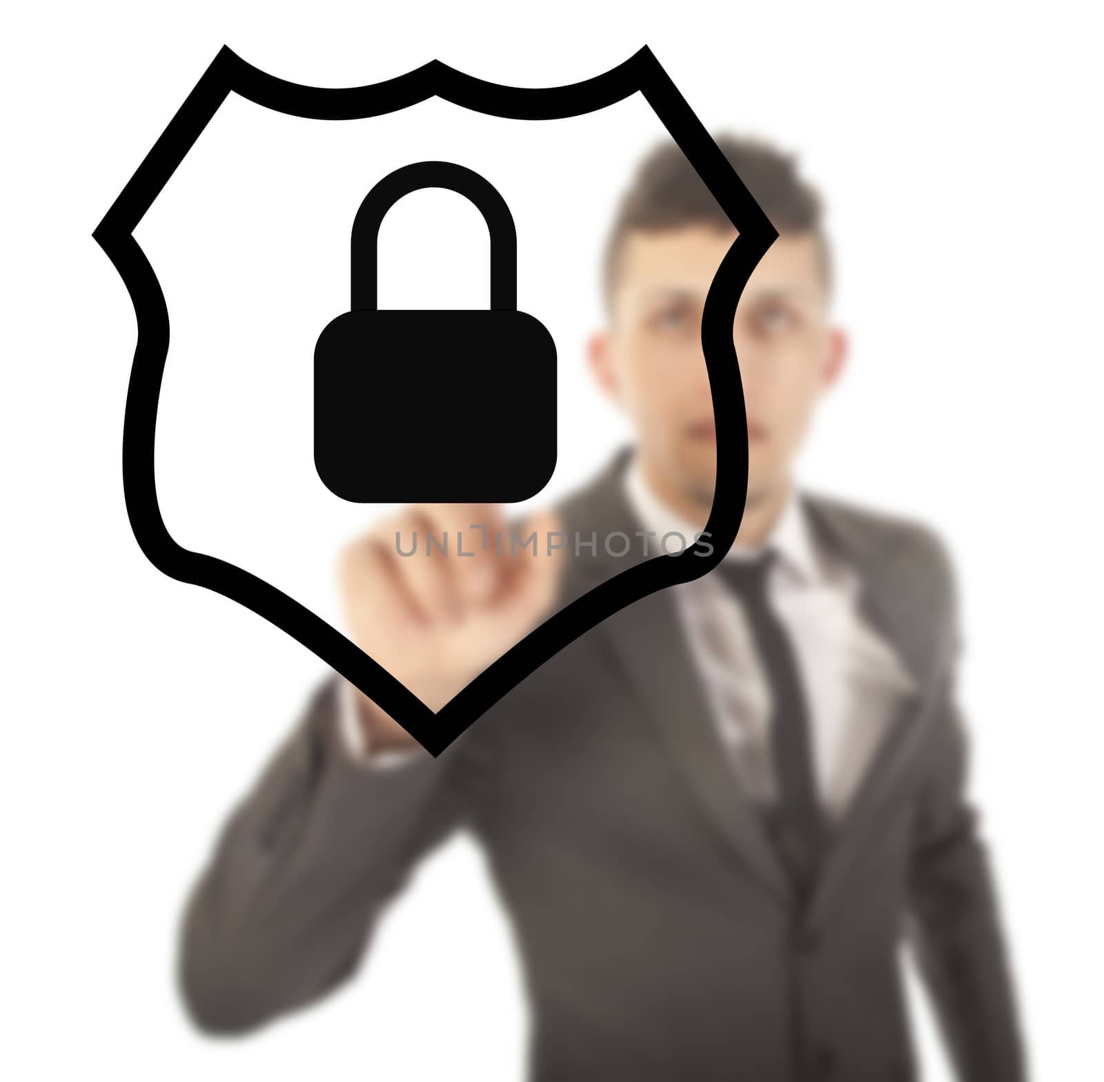 Young man with protection shield isolated on white background