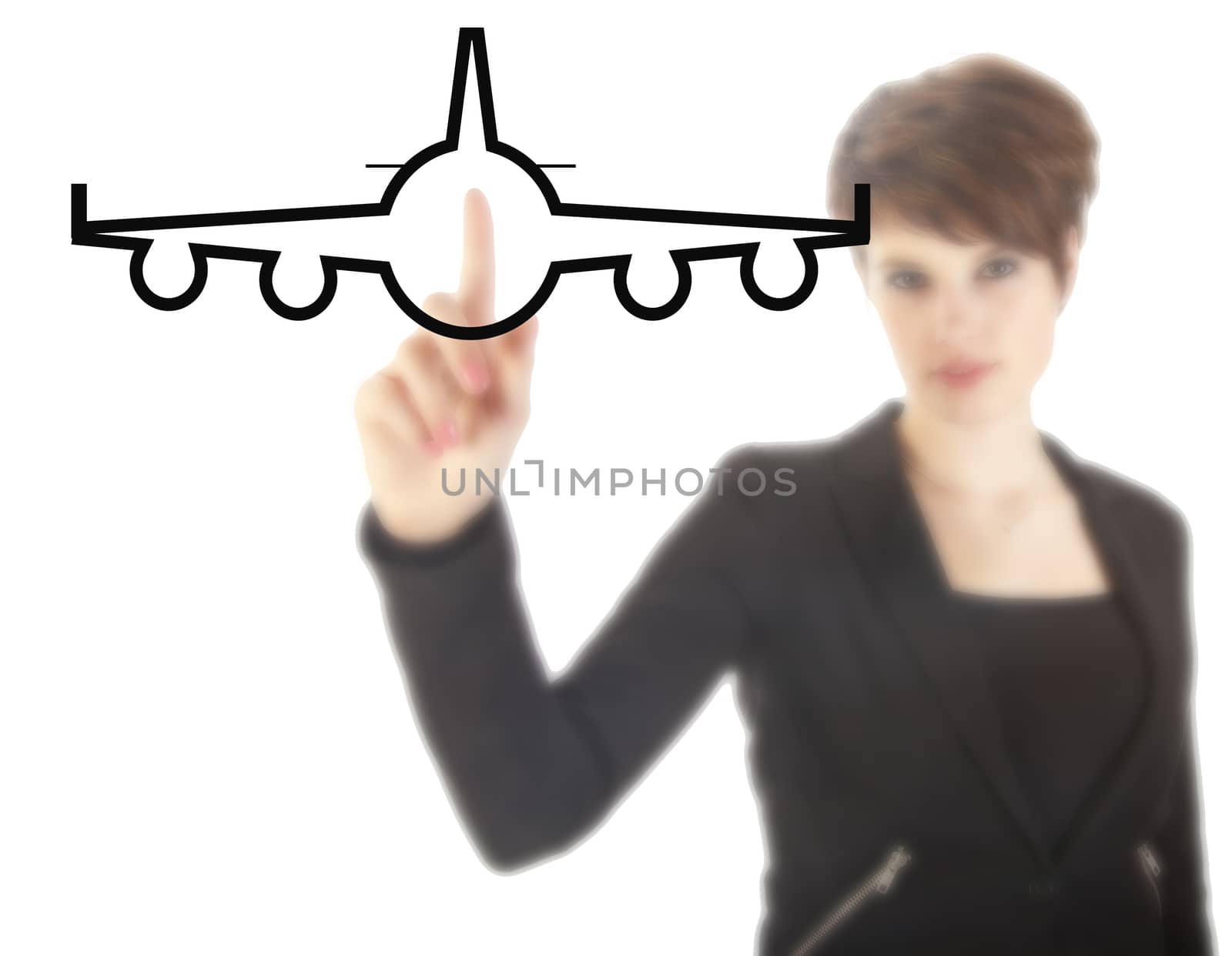 Young businesswoman with plane isolated on white background