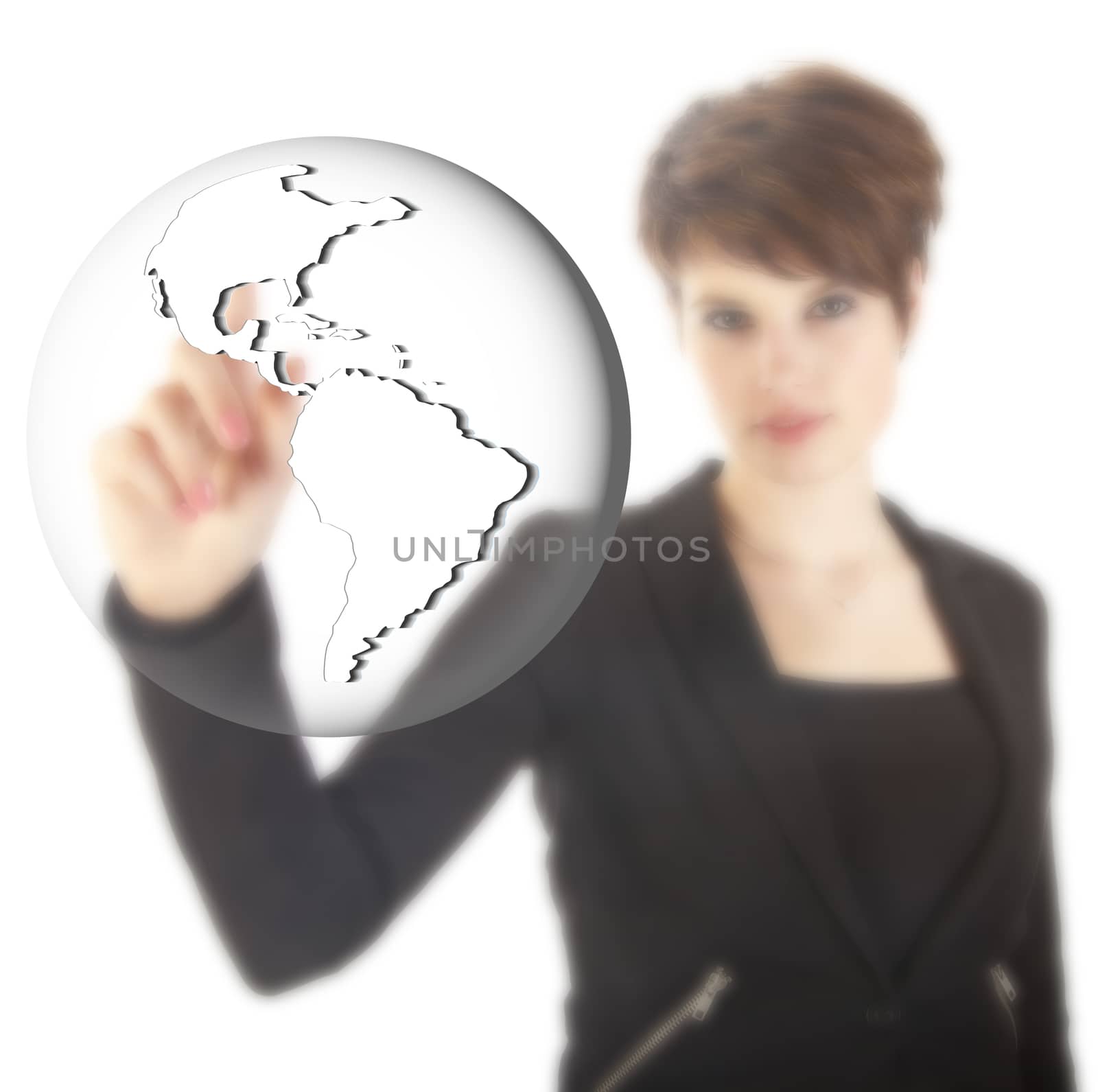 Young businesswoman with earth globe isolated on white background