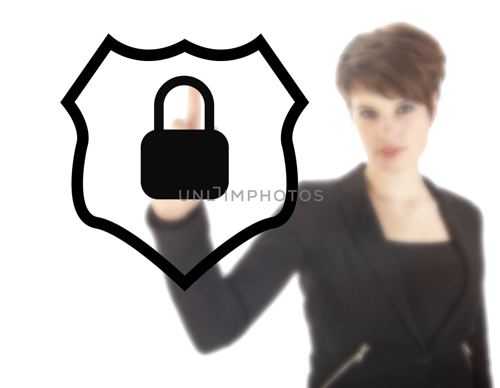 Young woman with protection shield isolated in white background