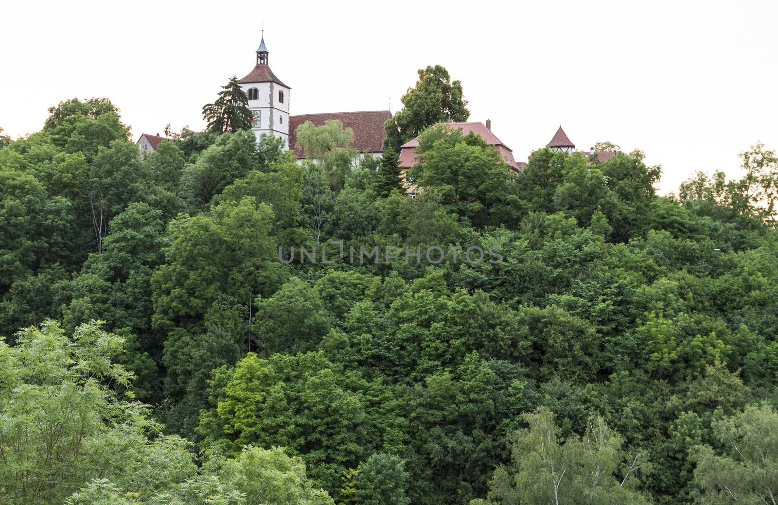 historical building in south west Germany  hidden behind trees. horizontal image