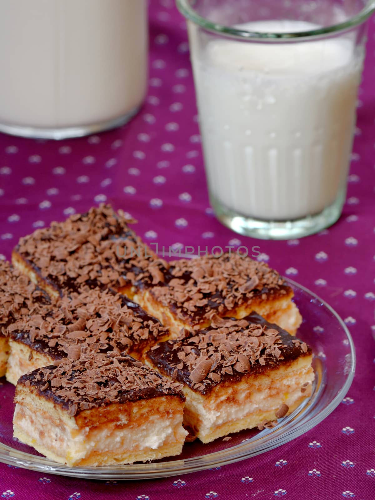 cheese cake with chocolate and glass of milk