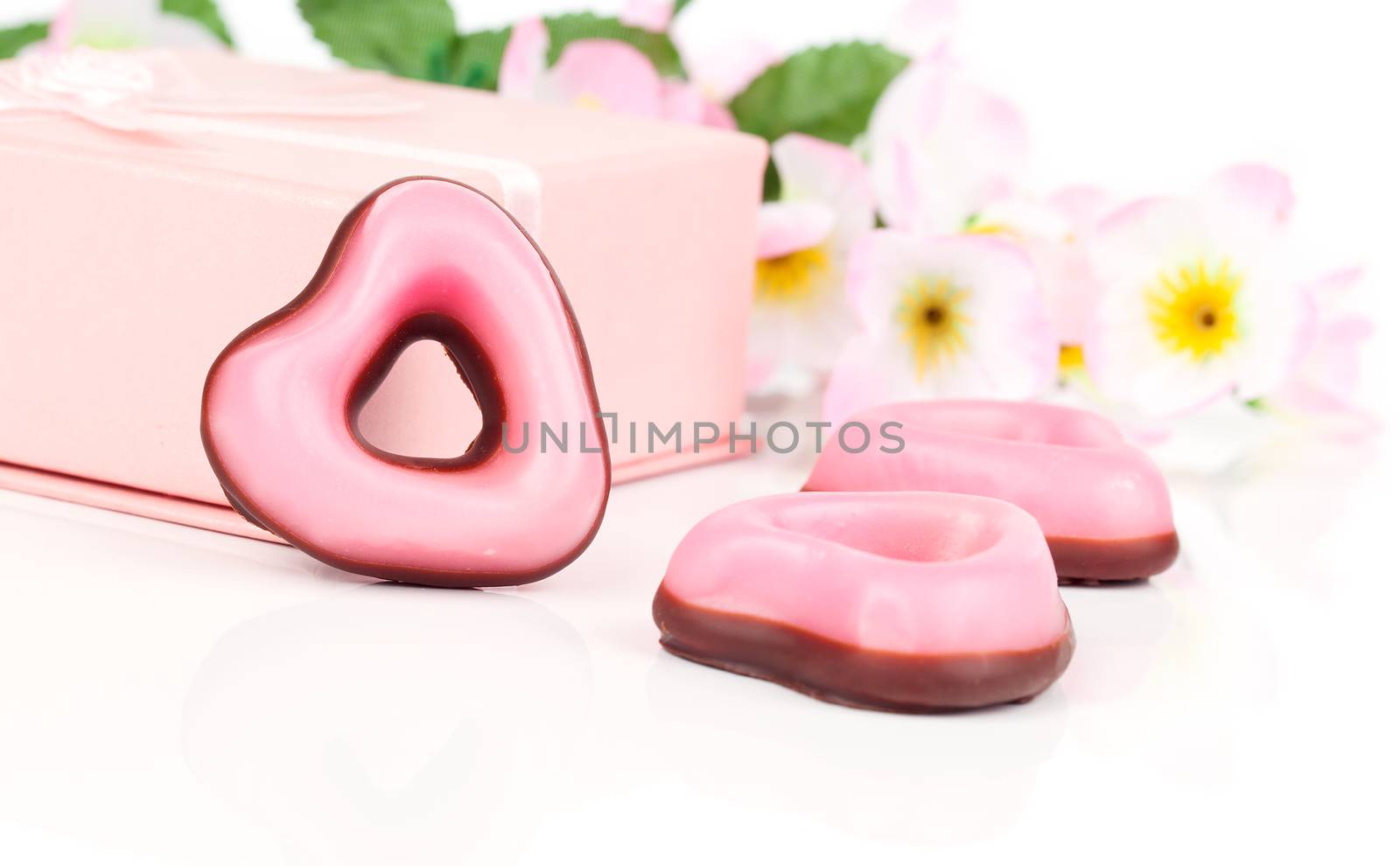 pink heart cookies for valentines day, on white background