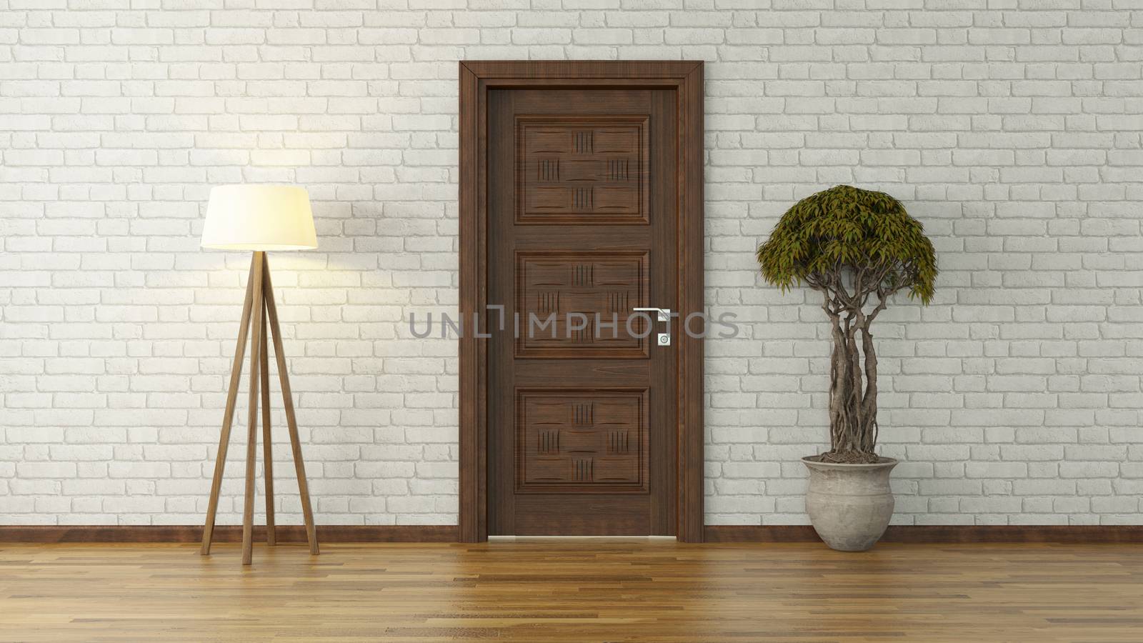 white brick wall with door and light 3d rendering by sedatseven