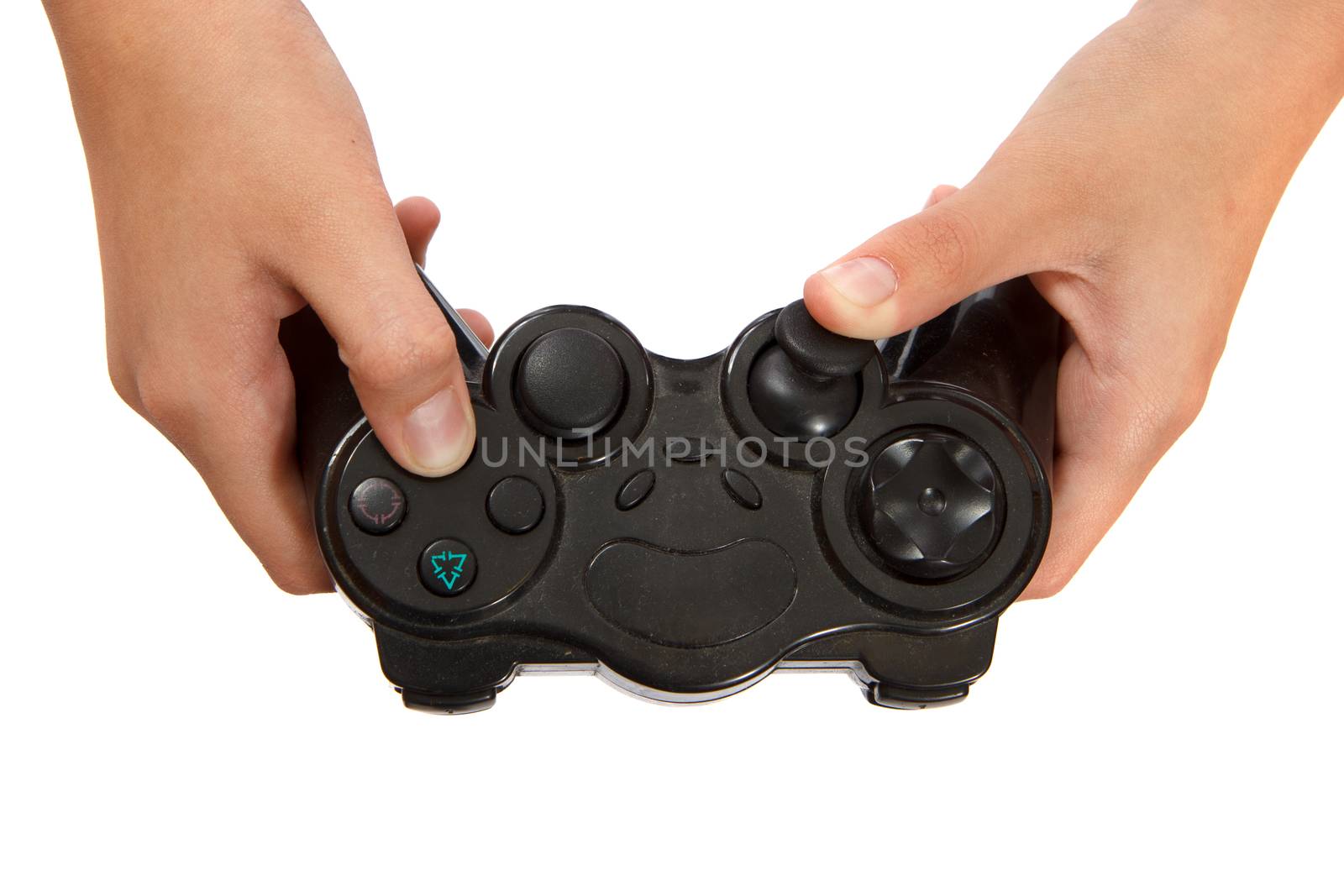 A black video game console controller being used