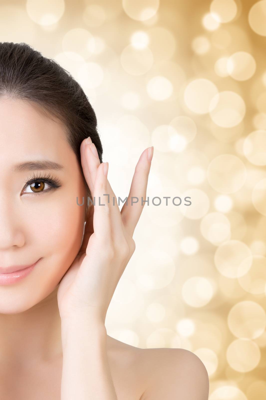Asian beauty face closeup portrait with clean and fresh elegant lady. Studio shot.