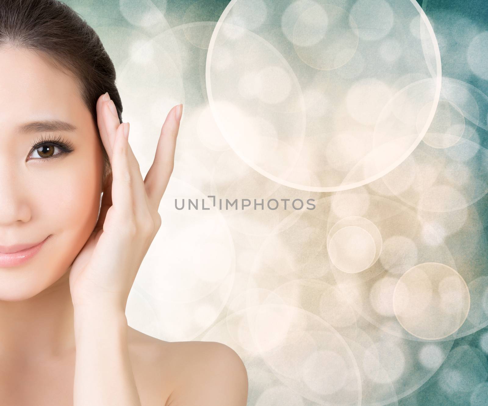 Asian beauty face closeup portrait with clean and fresh elegant lady. Studio shot.