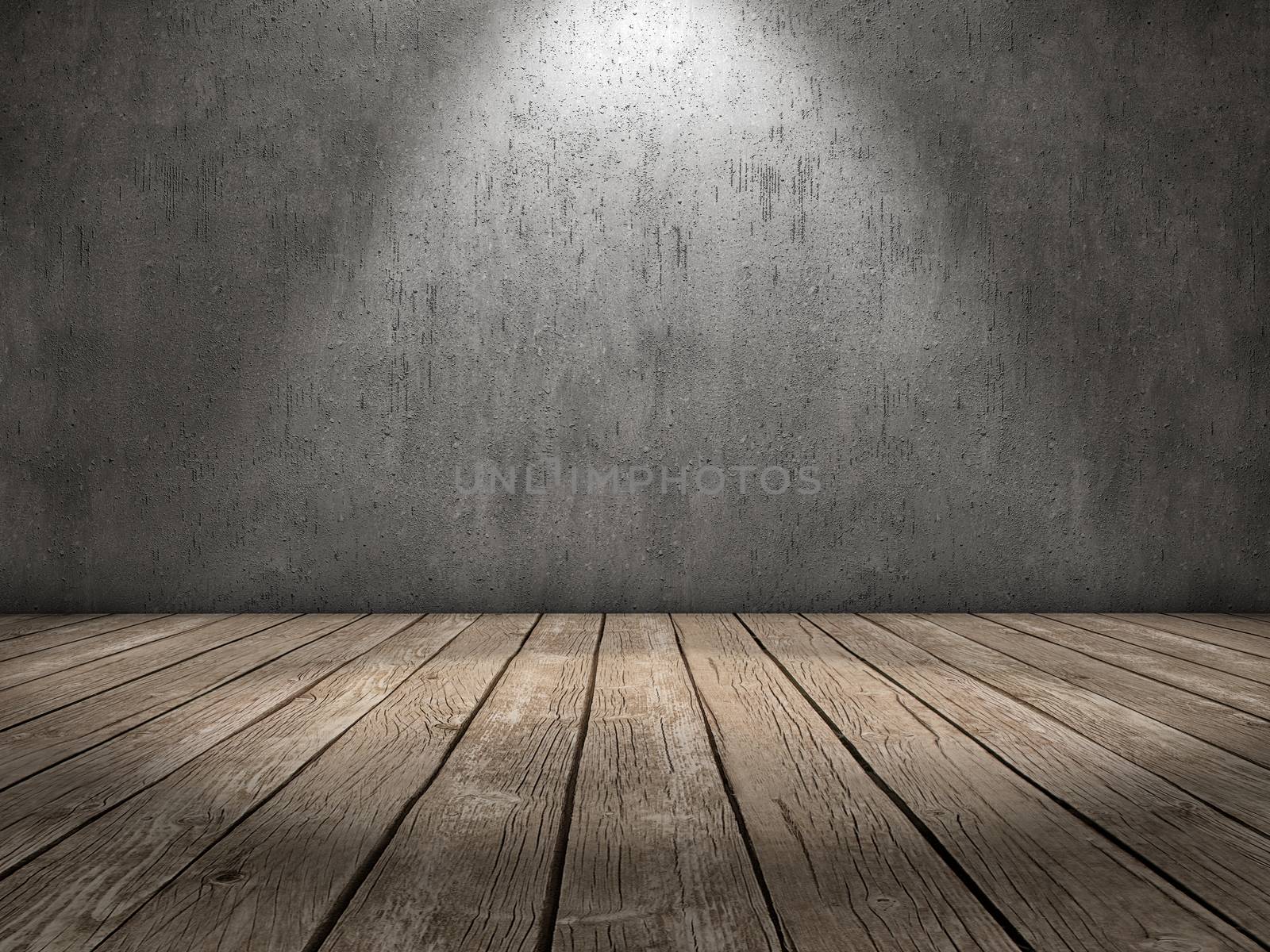Room with concrete wall and wood floor and a spot light