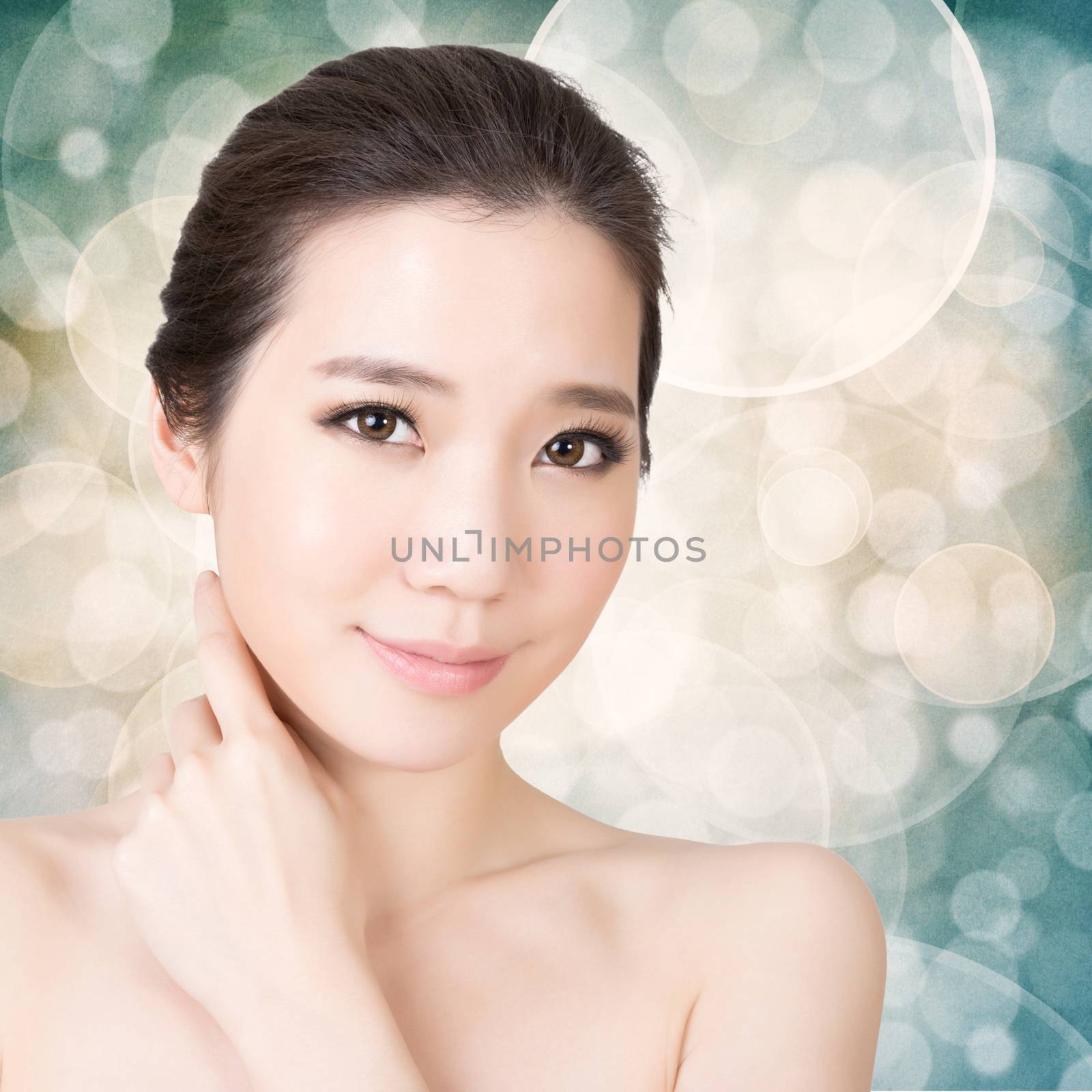 Asian beauty face closeup portrait with clean and fresh elegant lady. Studio shot.