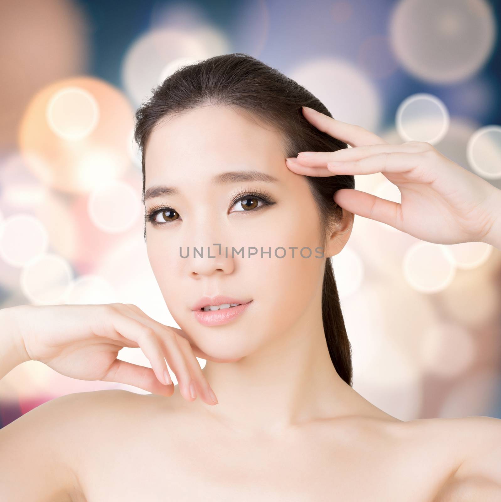 Asian beauty face closeup portrait with clean and fresh elegant lady. Studio shot.