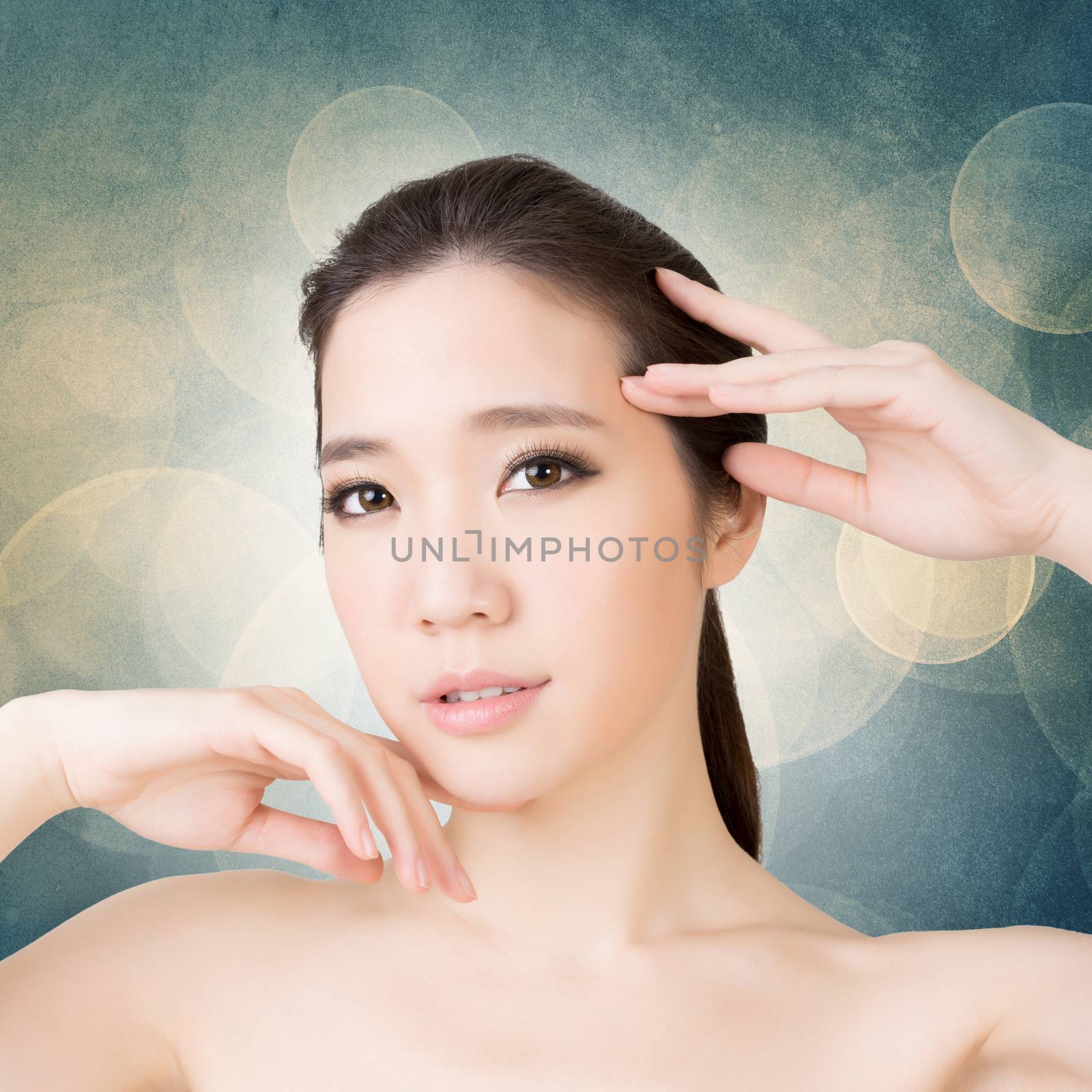 Asian beauty face closeup portrait with clean and fresh elegant lady. Studio shot.