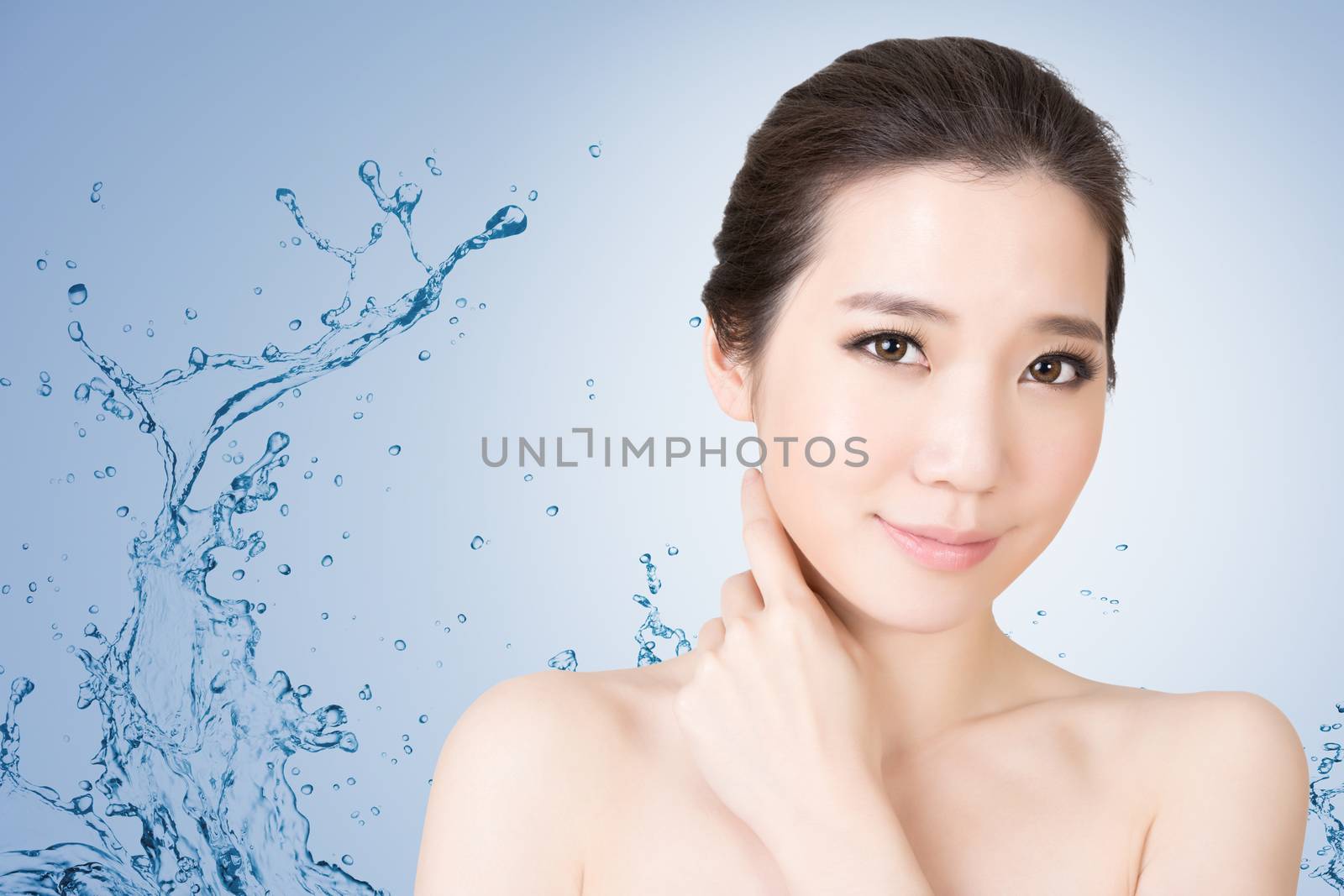 Asian beauty face closeup portrait with clean and fresh elegant lady. Studio shot.