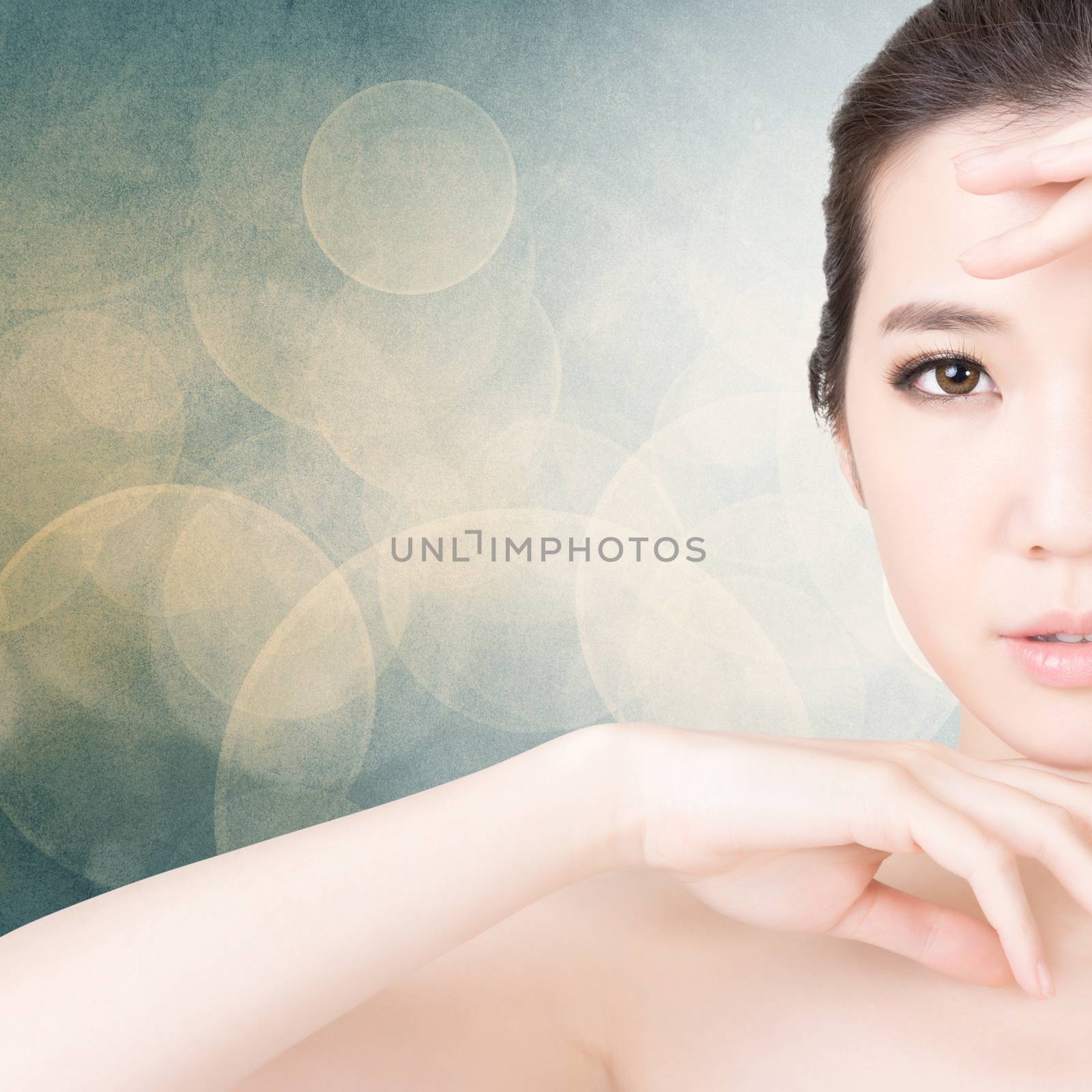 Asian beauty face closeup portrait with clean and fresh elegant lady. Studio shot.