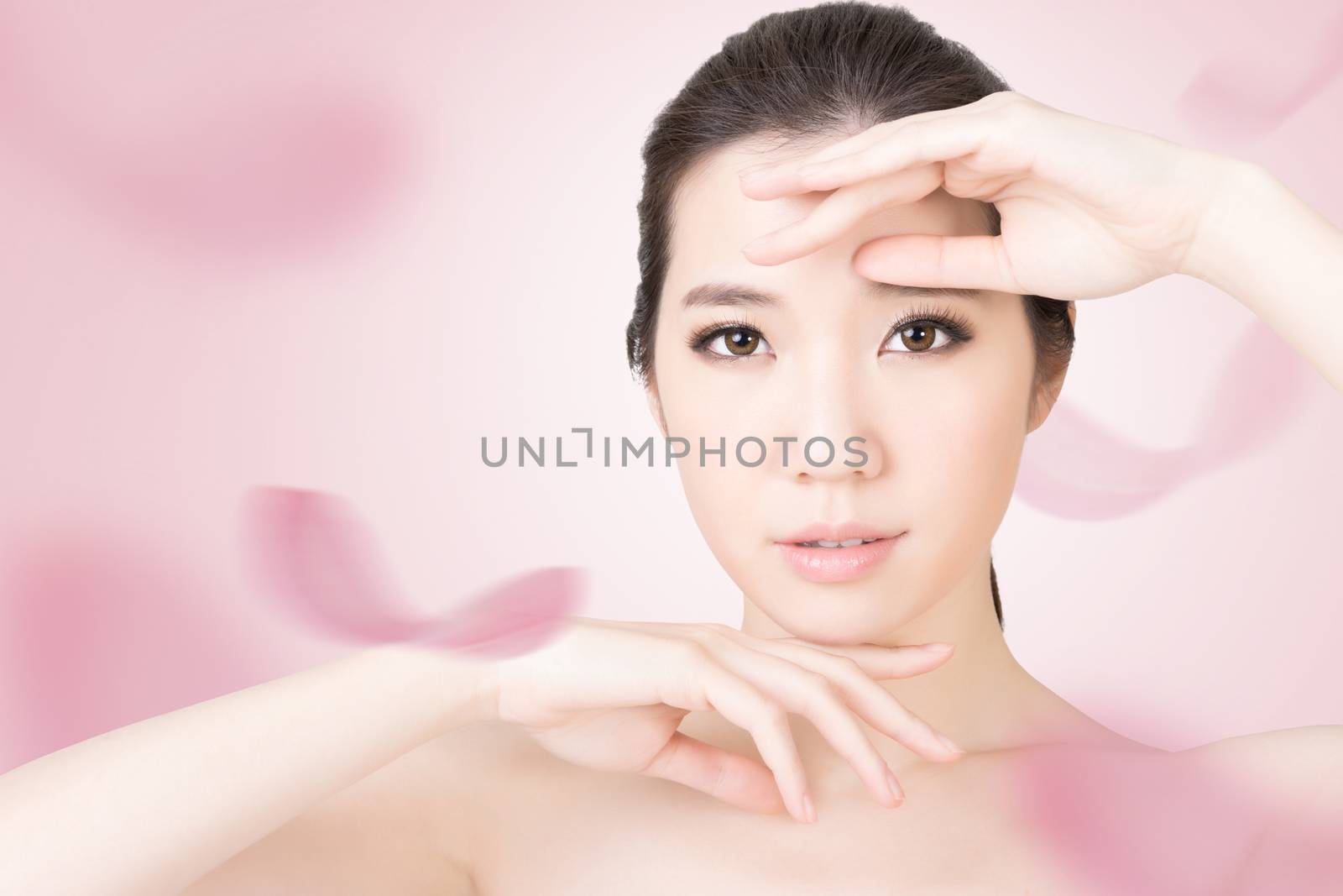 Asian beauty face closeup portrait with clean and fresh elegant lady. Studio shot.