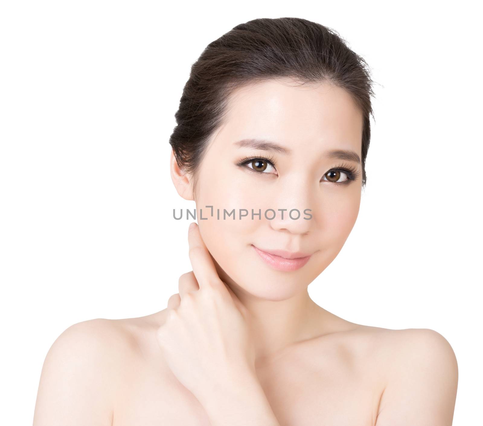 Asian beauty face closeup portrait with clean and fresh elegant lady. Studio shot.