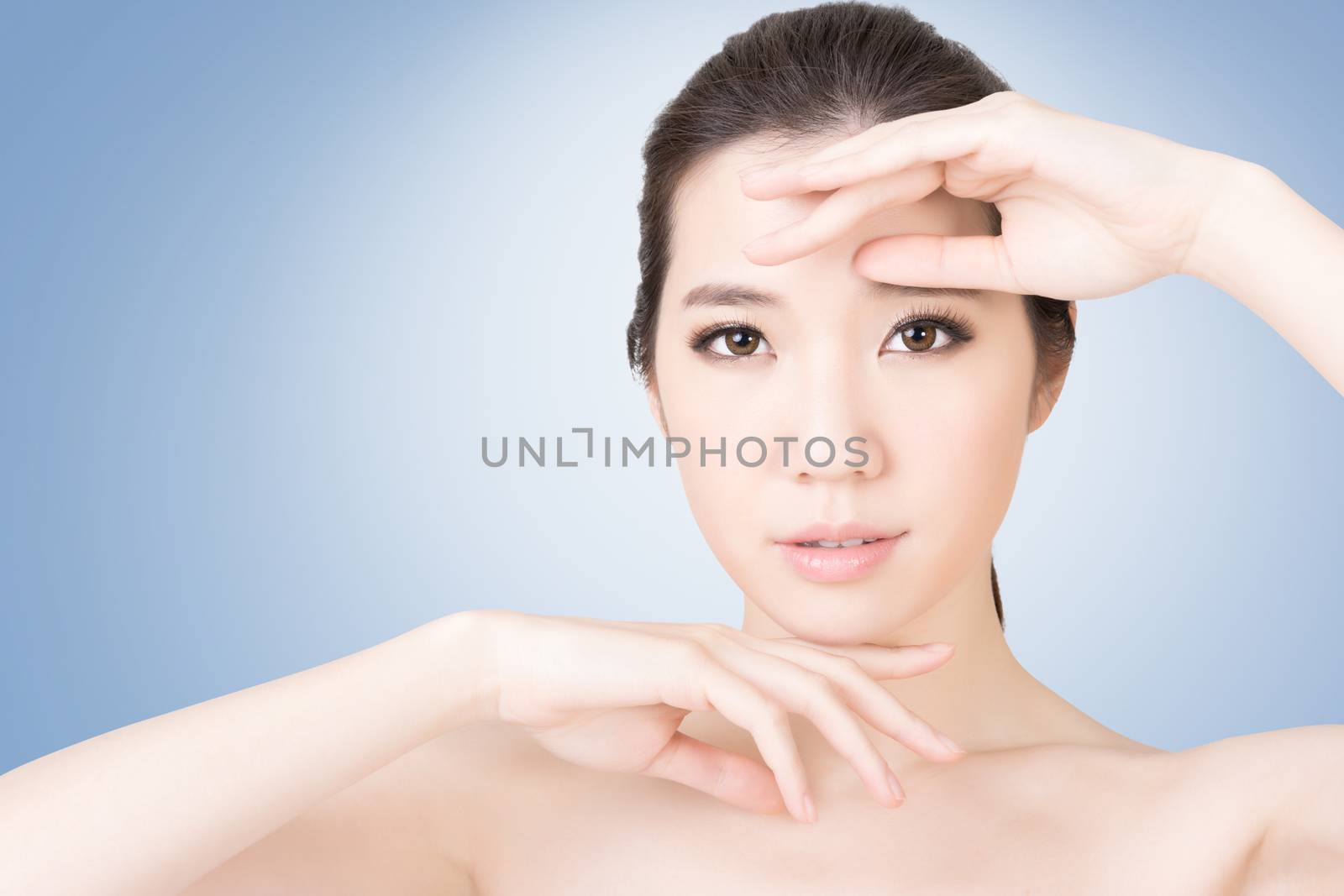 Asian beauty face closeup portrait with clean and fresh elegant lady. Studio shot.