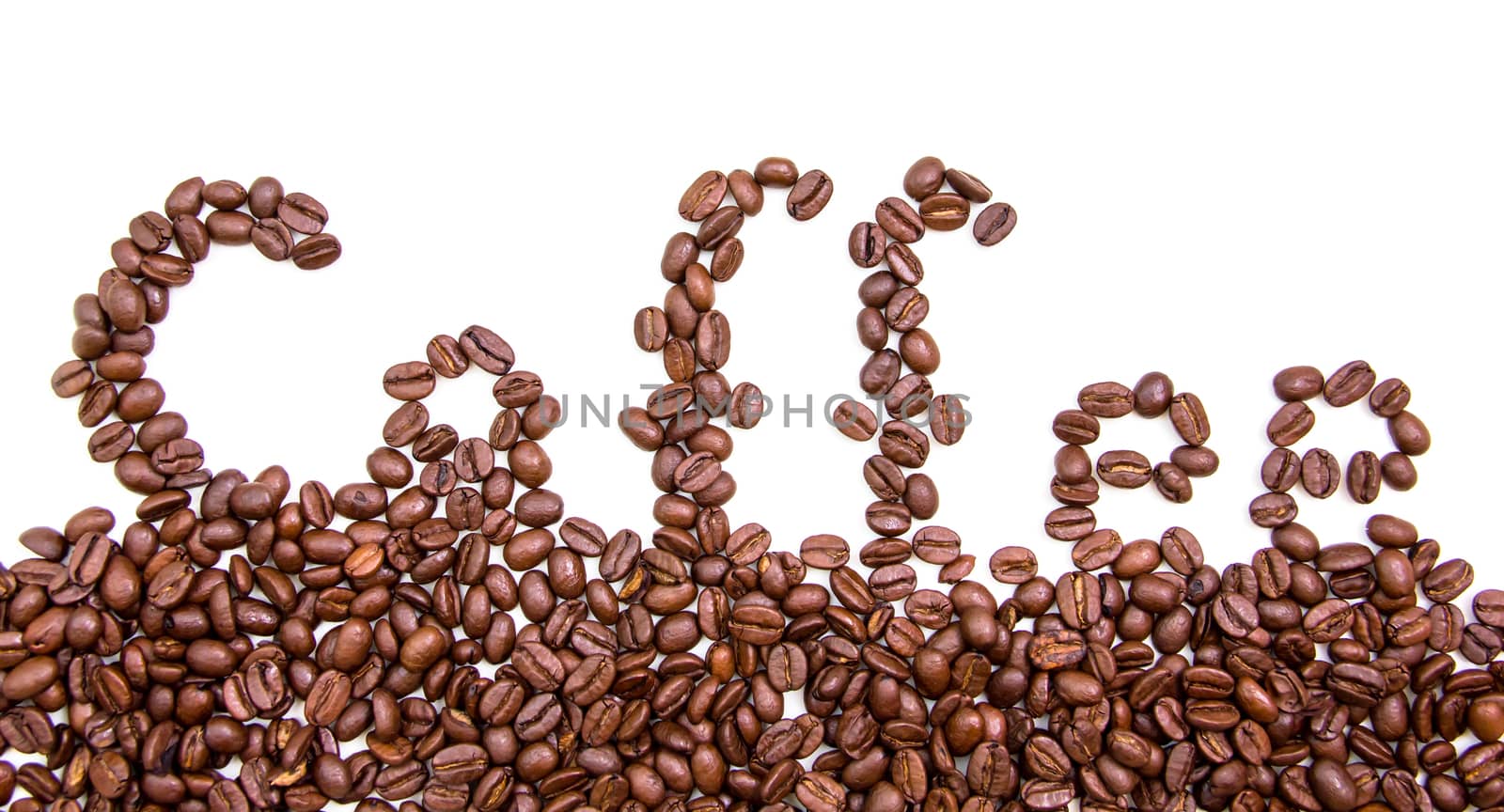 Written with coffee beans on white background