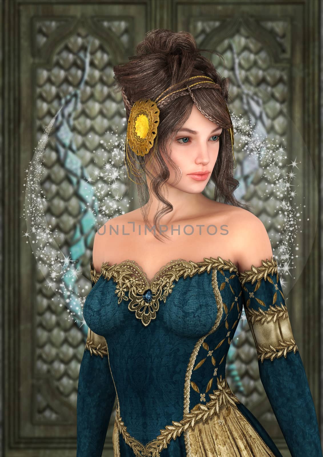 3D digital render of a beautiful fairytale princess on a fantasy castle background