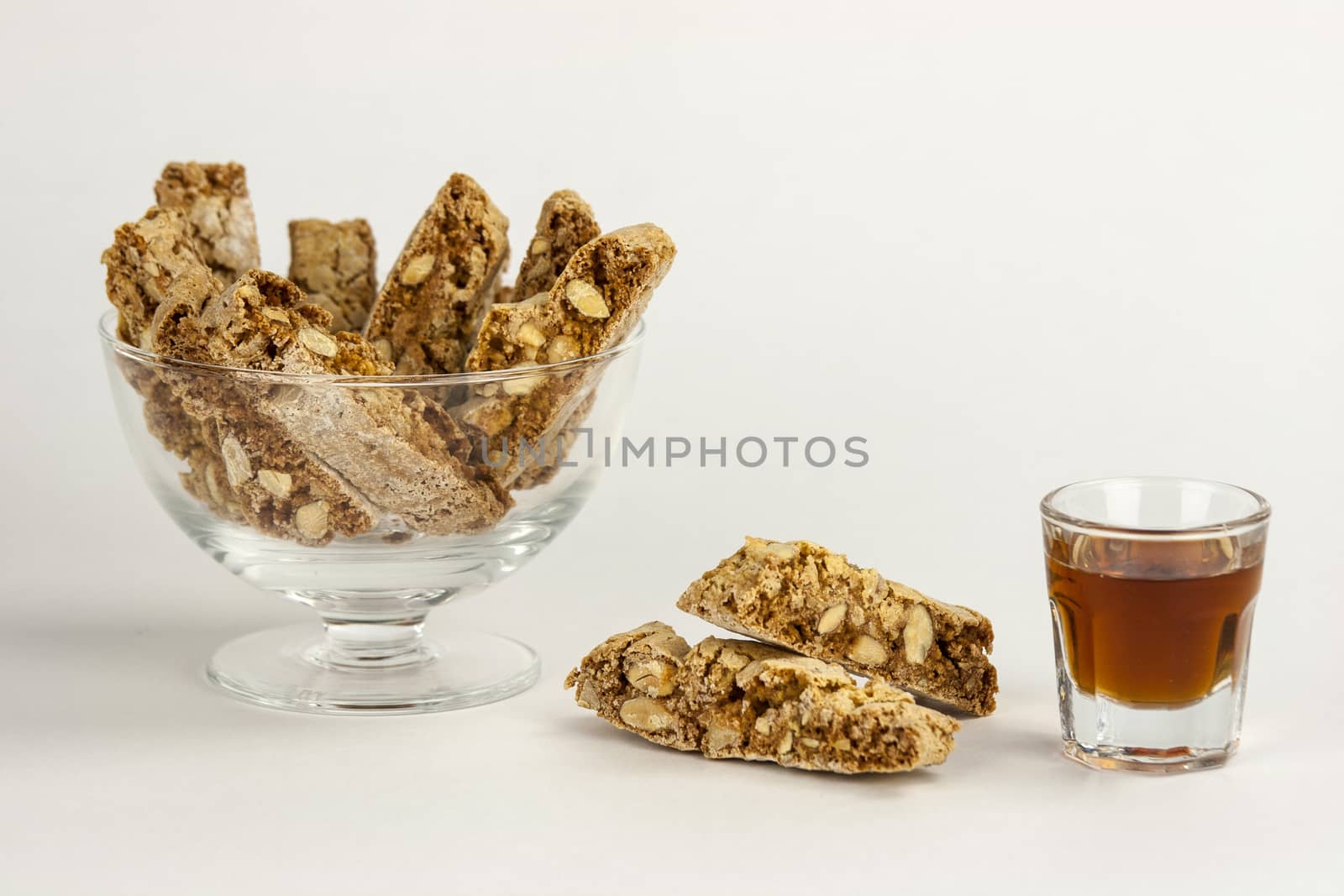 Cantucci, a tipical tuscan biscuits on a white background.